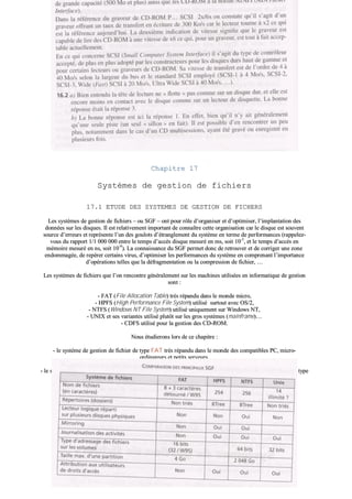 CChhaappiittrree 1177
SSyyssttèèmmeess ddee ggeessttiioonn ddee ffiicchhiieerrss
1177..11 EETTUUDDEE DDEESS SSYYSSTTEEMMEESS DDEE GGEESSTTIIOONN DDEE FFIICCHHEERRSS
LLeess ssyyssttèèmmeess ddee ggeessttiioonn ddee ffiicchhiieerrss –– oouu SSGGFF –– oonntt ppoouurr rrôôllee dd’’oorrggaanniisseerr eett dd’’ooppttiimmiisseerr,, ll’’iimmppllaannttaattiioonn ddeess
ddoonnnnééeess ssuurr lleess ddiissqquueess.. IIll eesstt rreellaattiivveemmeenntt iimmppoorrttaanntt ddee ccoonnnnaaîîttrree cceettttee oorrggaanniissaattiioonn ccaarr llee ddiissqquuee eesstt ssoouuvveenntt
ssoouurrccee dd’’eerrrreeuurrss eett rreepprréésseennttee ll’’uunn ddeess ggoouulloottss dd’’ééttrraanngglleemmeenntt dduu ssyyssttèèmmee eenn tteerrmmee ddee ppeerrffoorrmmaanncceess ((rraappppeelleezz--
vvoouuss dduu rraappppoorrtt 11//11 000000 000000 eennttrree llee tteemmppss dd’’aaccccèèss ddiissqquuee mmeessuurréé eenn mmss,, ssooiitt 1100--33
,, eett llee tteemmppss dd’’aaccccèèss eenn
mméémmooiirree mmeessuurréé eenn nnss,, ssooiitt 1100--99
)).. LLaa ccoonnnnaaiissssaannccee dduu SSGGFF ppeerrmmeett ddoonncc ddee rreettrroouuvveerr eett ddee ccoorrrriiggeerr uunnee zzoonnee
eennddoommmmaaggééee,, ddee rreeppéérreerr cceerrttaaiinnss vviirruuss,, dd’’ooppttiimmiisseerr lleess ppeerrffoorrmmaanncceess dduu ssyyssttèèmmee eenn ccoommpprreennaanntt ll’’iimmppoorrttaannccee
dd’’ooppéérraattiioonnss tteelllleess qquuee llaa ddééffrraaggmmeennttaattiioonn oouu llaa ccoommpprreessssiioonn ddee ffiicchhiieerr,, ……
LLeess ssyyssttèèmmeess ddee ffiicchhiieerrss qquuee ll’’oonn rreennccoonnttrree ggéénnéérraalleemmeenntt ssuurr lleess mmaacchhiinneess uuttiilliissééeess eenn iinnffoorrmmaattiiqquuee ddee ggeessttiioonn
ssoonntt ::
-- FFAATT ((FFiillee AAllllooccaattiioonn TTaabbllee)) ttrrèèss rrééppaanndduu ddaannss llee mmoonnddee mmiiccrroo,,
-- HHPPFFSS ((HHiigghh PPeerrffoorrmmaannccee FFiillee SSyysstteemm)) uuttiilliisséé ssuurrttoouutt aavveecc OOSS//22,,
-- NNTTFFSS ((WWiinnddoowwss NNTT FFiillee SSyysstteemm)) uuttiilliisséé uunniiqquueemmeenntt ssuurr WWiinnddoowwss NNTT,,
-- UUNNIIXX eett sseess vvaarriiaanntteess uuttiilliisséé pplluuttôôtt ssuurr lleess ggrrooss ssyyssttèèmmeess ((mmaaiinnffrraammee))……
-- CCDDFFSS uuttiilliisséé ppoouurr llaa ggeessttiioonn ddeess CCDD--RROOMM..
NNoouuss ééttuuddiieerroonnss lloorrss ddee ccee cchhaappiittrree ::
-- llee ssyyssttèèmmee ddee ggeessttiioonn ddee ffiicchhiieerr ddee ttyyppee FFAATT ttrrèèss rrééppaanndduu ddaannss llee mmoonnddee ddeess ccoommppaattiibblleess PPCC,, mmiiccrroo--
oorrddiinnaatteeuurrss eett ppeettiittss sseerrvveeuurrss,,
-- llee ssyyssttèèmmee ddee ffiicchhiieerrss NNTTFFSS uuttiilliisséé ssuurr lleess sseerrvveeuurrss ddee ffiicchhiieerrss oouu dd’’aapppplliiccaattiioonnss,, ssppéécciiffiiqquueemmeenntt rréésseeaauu ddee ttyyppee
WWiinnddoowwss NNTT..
 