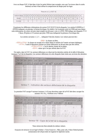 AAvveecc uunn ddiissqquuee FFAATT,, iill ffaauutt ddoonncc éévviitteerr lleess ppeettiittss ffiicchhiieerrss ((ppaarr eexxeemmppllee,, cceeuuxx qquuee ll’’oonn ttrroouuvvee ddaannss llee ccaacchhee
IInntteerrnneett)) oouu bbiieenn iill ffaauutt uuttiilliisseerr llaa ccoommpprreessssiioonn ddee ddiissqquuee ppoouurr lleess llooggeerr..
EExxaammiinnoonnss lleess ddiifffféérreenntteess iinnffoorrmmaattiioonnss dduu sseecctteeuurr FFAATT ((FFAATT1122)) ddee llaa ddiissqquueettttee.. LLeess eennttrrééeess 00 ((FF00FFHH)) eett 11
((FFFFFFHH)) iinnddiiqquueenntt,, eenn pprriinncciippee,, llee ffoorrmmaatt dduu ddiissqquuee.. EEnn rrééaalliittéé cc’’eesstt llee pprreemmiieerr oocctteett ((iiccii FF00HH)) qquuii nnoouuss ddoonnnnee
cceettttee iinnffoorrmmaattiioonn,, lleess oocctteettss ssuuiivvaannttss ééttaanntt rreemmpplliiss ((oonn ddiitt aauussssii «« mmiiss àà »»)) FFFFHH.. FF00HH iinnddiiqquuee uunnee ddiissqquueettttee 33""11//22
22 ffaacceess,, 8800 ppiisstteess eett 1188 sseecctteeuurrss ppaarr ppiissttee.. FF88HH nnoouuss iinnddiiqquueerraaiitt llaa pprréésseennccee dd’’uunn ddiissqquuee dduurr..
LLeess eennttrrééeess ssuuiivvaanntteess 11,, 22,, 33 …… iinnddiiqquueenntt ll’’ééttaatt ddeess cclluusstteerrss.. LLeess vvaalleeuurrss ppeeuuvveenntt êêttrree ::
-- 000000HH :: llee cclluusstteerr eesstt lliibbrree,,
-- 000022HH àà FFFF66HH :: llee cclluusstteerr eesstt ooccccuuppéé eett llaa vvaalleeuurr ddoonnnnee llee nnuumméérroo ddee ll’’eennttrrééee ssuuiivvaannttee ((cchhaaîînnaaggee)),,
-- FFFF77HH :: ll’’uunniittéé dd’’aallllooccaattiioonn ccoonnttiieenntt uunn cclluusstteerr ddééffeeccttuueeuuxx nnee ddeevvaanntt ddoonncc ppaass êêttrree uuttiilliisséé,,
-- FFFF88HH àà FFFFFFHH :: cc’’eesstt llee ddeerrnniieerr cclluusstteerr ddee llaa cchhaaîînnee,,
-- 000011HH :: vvaalleeuurr qquuii nn’’eesstt ppaass uuttiilliissééee ddaannss lleess FFAATT..
OOnn rreeppèèrree,, ddaannss llaa FFAATT,, lleess sseecctteeuurrss ddééffeeccttuueeuuxx eenn oobbsseerrvvaanntt lleess ddeerrnniièèrreess eennttrrééeess ddee llaa ttaabbllee dd’’aallllooccaattiioonn
((sseecctteeuurrss 77 eett 88 ddee llaa ddiissqquueettttee)).. LLeess sseecctteeuurrss ddééffeeccttuueeuuxx ddee cceettttee ddiissqquueettttee ééttaanntt ssiittuuééss aauuxx eennvviirroonnss ddeess ddeerrnniièèrreess
ppiisstteess.. UUnn sseecctteeuurr ddééffeeccttuueeuuxx eesstt rreeppéérréé ddaannss llaa FFAATT ppaarr uunnee eennttrrééee àà FFFF77HH..
LLaa pprreemmiièèrree FFAATT ooccccuuppee 99 sseecctteeuurrss ((sseecctteeuurrss 11 àà 99)) uunnee ddeeuuxxiièèmmee ccooppiiee ddee llaa FFAATT ddooiitt ddoonncc ooccccuuppeerr lleess
sseecctteeuurrss 1100 àà 11881100.. VVéérriiffiioonnss aavveecc ll’’ééddiitteeuurr..
NNoouuss rreettrroouuvvoonnss bbiieenn eenntteenndduu lleess mmêêmmeess vvaalleeuurrss..
EEssssaayyoonnss ddee rreettrroouuvveerr ooùù eesstt llooggéé llee ffiicchhiieerr «« TTeexxttee EEssssaaii..ttxxtt »».. MMaaiiss,, ppoouurr cceellaa,, iill ffaauutt dd’’aabboorrdd pprreennddrree
ccoonnnnaaiissssaannccee ddee llaa ffaaççoonn ddoonntt eesstt oorrggaanniisséé llee rrééppeerrttooiirree rraacciinnee..
 