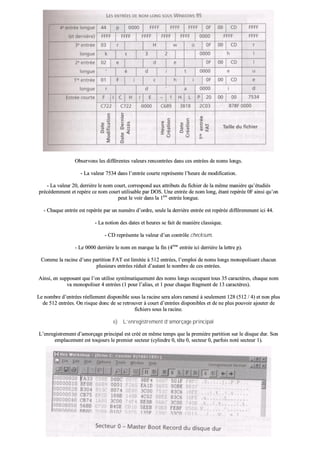 OObbsseerrvvoonnss lleess ddiifffféérreenntteess vvaalleeuurrss rreennccoonnttrrééeess ddaannss cceess eennttrrééeess ddee nnoommss lloonnggss..
-- LLaa vvaalleeuurr 77553344 ddaannss ll’’eennttrrééee ccoouurrttee rreepprréésseennttee ll’’hheeuurree ddee mmooddiiffiiccaattiioonn..
-- LLaa vvaalleeuurr 2200,, ddeerrrriièèrree llee nnoomm ccoouurrtt,, ccoorrrreessppoonndd aauuxx aattttrriibbuuttss dduu ffiicchhiieerr ddee llaa mmêêmmee mmaanniièèrree qquu’’ééttuuddiiééss
pprrééccééddeemmmmeenntt eett rreeppèèrree ccee nnoomm ccoouurrtt uuttiilliissaabbllee ppaarr DDOOSS.. UUnnee eennttrrééee ddee nnoomm lloonngg,, ééttaanntt rreeppéérrééee 00FF aaiinnssii qquu’’oonn
ppeeuutt llee vvooiirr ddaannss llaa 11èèrree
eennttrrééee lloonngguuee..
-- CChhaaqquuee eennttrrééee eesstt rreeppéérrééee ppaarr uunn nnuumméérroo dd’’oorrddrree,, sseeuullee llaa ddeerrrriièèrree eennttrrééee eesstt rreeppéérrééee ddiifffféérreemmmmeenntt iiccii 4444..
-- LLaa nnoottiioonn ddeess ddaatteess eett hheeuurreess ssee ffaaiitt ddee mmaanniièèrree ccllaassssiiqquuee..
-- CCDD rreepprréésseennttee llaa vvaalleeuurr dd’’uunn ccoonnttrrôôllee cchheecckkssuumm..
-- LLee 00000000 ddeerrrriièèrree llee nnoomm eenn mmaarrqquuee llaa ffiinn ((44èèmmee
eennttrrééee iiccii ddeerrrriièèrree llaa lleettttrree pp))..
CCoommmmee llaa rraacciinnee dd’’uunnee ppaarrttiittiioonn FFAATT eesstt lliimmiittééee àà 551122 eennttrrééeess,, ll’’eemmppllooii ddee nnoommss lloonnggss mmoonnooppoolliissaanntt cchhaaccuunn
pplluussiieeuurrss eennttrrééeess rréédduuiitt dd’’aauuttaanntt llee nnoommbbrree ddee cceess eennttrrééeess..
AAiinnssii,, eenn ssuuppppoossaanntt qquuee ll’’oonn uuttiilliissee ssyyssttéémmaattiiqquueemmeenntt ddeess nnoommss lloonnggss ooccccuuppaanntt ttoouuss 3355 ccaarraaccttèèrreess,, cchhaaqquuee nnoomm
vvaa mmoonnooppoolliisseerr 44 eennttrrééeess ((11 ppoouurr ll’’aalliiaass,, eett 11 ppoouurr cchhaaqquuee ffrraaggmmeenntt ddee 1133 ccaarraaccttèèrreess))..
LLee nnoommbbrree dd’’eennttrrééeess rrééeelllleemmeenntt ddiissppoonniibbllee ssoouuss llaa rraacciinnee sseerraa aalloorrss rraammeennéé àà sseeuulleemmeenntt 112288 ((551122 // 44)) eett nnoonn pplluuss
ddee 551122 eennttrrééeess.. OOnn rriissqquuee ddoonncc ddee ssee rreettrroouuvveerr àà ccoouurrtt dd’’eennttrrééeess ddiissppoonniibblleess eett ddee nnee pplluuss ppoouuvvooiirr aajjoouutteerr ddee
ffiicchhiieerrss ssoouuss llaa rraacciinnee..
ee)) LL’’eennrreeggiissttrreemmeenntt dd’’aammoorrççaaggee pprriinncciippaall
LL’’eennrreeggiissttrreemmeenntt dd’’aammoorrççaaggee pprriinncciippaall eesstt ccrréééé eenn mmêêmmee tteemmppss qquuee llaa pprreemmiièèrree ppaarrttiittiioonn ssuurr llee ddiissqquuee dduurr.. SSoonn
eemmppllaacceemmeenntt eesstt ttoouujjoouurrss llee pprreemmiieerr sseecctteeuurr ((ccyylliinnddrree 00,, ttêêttee 00,, sseecctteeuurr 00,, ppaarrffooiiss nnoottéé sseecctteeuurr 11))..
 