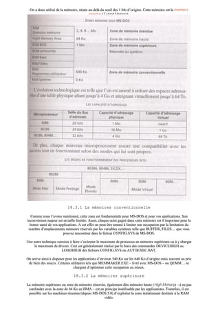 OOnn aa ddoonncc uuttiilliisséé ddee llaa mméémmooiirree,, ssiittuuééee aauu--ddeellàà dduu sseeuuiill ddeess 11 MMoo dd’’oorriiggiinnee.. CCeettttee mméémmooiirree eesstt llaa mméémmooiirree
éétteenndduuee ((EExxtteenndd MMeemmoorryy))..
1188..33..11 LLaa mméémmooiirreess ccoonnvveennttiioonnnneellllee
CCoommmmee nnoouuss ll’’aavvoonnss mmeennttiioonnnnéé,, cceettttee zzoonnee eesstt ffoonnddaammeennttaallee ppoouurr MMSS--DDOOSS eett ppoouurr vvooss aapppplliiccaattiioonnss.. SSoonn
iinnccoonnvvéénniieenntt mmaajjeeuurr eesstt ssaa ttaaiillllee lliimmiittééee.. AAuussssii,, cchhaaqquuee oocctteett ggaaggnnéé ddaannss cceettttee mméémmooiirree eesstt iill iimmppoorrttaanntt ppoouurr llaa
bboonnnnee ssaannttéé ddee vvooss aapppplliiccaattiioonnss.. AA cceett eeffffeett oonn ppeeuutt êêttrree aammeennéé àà lliimmiitteerr ssoonn ooccccuuppaattiioonn ppaarr llaa lliimmiittaattiioonn dduu
nnoommbbrree dd’’eemmppllaacceemmeennttss mméémmooiirree rréésseerrvvééss ppaarr lleess vvaarriiaabblleess ssyyssttèèmmeess tteellllee qquuee BBUUFFFFEERR,, FFIILLEESS…… qquuee vvoouuss
ppoouuvveezz rreennccoonnttrreezz ddaannss llee ffiicchhiieerr CCOONNFFIIGG..SSYYSS ddee MMSS--DDOOSS..
UUnnee aauuttrree tteecchhnniiqquuee ccoonnssiissttee àà ffaaiirree ss’’eexxééccuutteerr llee mmaaxxiimmuumm ddee pprroocceessssuuss eenn mméémmooiirree ssuuppéérriieeuurree oouu àà yy cchhaarrggeerr
llee mmaaxxiimmuumm ddee ddrriivveerrss.. CCeeccii eesstt ggéénnéérraalleemmeenntt rrééaalliisséé ppaarr llee bbiiaaiiss ddeess ccoommmmaannddeess DDEEVVIICCEEHHIIGGHH oouu
LLOOAADDHHIIGGHH ddeess ffiicchhiieerrss CCOONNFFIIGG..SSYYSS oouu AAUUTTOOEEXXEECC..BBAATT..
OOnn aarrrriivvee aaiinnssii àà ddiissppoosseerr ppoouurr lleess aapppplliiccaattiioonnss dd’’eennvviirroonn 554400 KKoo ssuurr lleess 664400 KKoo dd’’oorriiggiinnee mmaaiiss ssoouuvveenntt aauu pprriixx
ddee bbiieenn ddeess ssoouucciiss.. CCeerrttaaiinnss uuttiilliittaaiirreess tteellss qquuee MMEEMMMMAAKKEERR..EEXXEE –– lliivvrréé aavveecc MMSS--DDOOSS –– oouu QQEEMMMM…… ssee
cchhaarrggeenntt dd’’ooppttiimmiisseerr cceettttee ooccccuuppaattiioonn aauu mmiieeuuxx..
1188..33..22 LLaa mméémmooiirreess ssuuppéérriieeuurree
LLaa mméémmooiirree ssuuppéérriieeuurree oouu zzoonnee ddee mméémmooiirree rréésseerrvvééee,, ééggaalleemmeenntt ddiittee mméémmooiirree hhaauuttee ((HHiigghh MMeemmoorryy)) –– àà nnee ppaass
ccoonnffoonnddrree aavveecc llaa zzoonnee ddee 6644 KKoo eenn HHMMAA –– eesstt eenn pprriinncciippee iinnuuttiilliissaabbllee ppaarr lleess aapppplliiccaattiioonnss.. TToouutteeffooiiss,, iill eesstt
ppoossssiibbllee ssuurr lleess mmaacchhiinneess rréécceenntteess ((ddeeppuuiiss MMSS--DDOOSS 55..00)) dd’’eexxppllooiitteerr llaa zzoonnee iinniittiiaalleemmeenntt ddeessttiinnééee àà llaa RRAAMM
vviiddééoo..
 