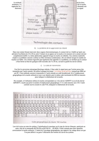 LLaa tteecchhnnoollooggiiee ccaappaacciittiivvee ccoonnssiissttee àà mmeessuurreerr llaa vvaarriiaattiioonn ddee ccaappaacciittéé dd’’uunn ccoonnddeennssaatteeuurr ccoonnssttiittuuéé ddee ddeeuuxx
aarrmmaattuurreess,, ll’’uunnee ssoolliiddaaiirree ddee llaa ppaarrttiiee mmoobbiillee ddee llaa ttoouucchhee,, ll’’aauuttrree ddee llaa ppaarrttiiee ffiixxee.. LL’’eennffoonncceemmeenntt ddee llaa ttoouucchhee,,
rraapppprroocchhee lleess aarrmmaattuurreess eett eennttrraaîînnee uunnee vvaarriiaattiioonn ddee llaa ccaappaacciittéé dduu ccoonnddeennssaatteeuurr.. CCeettttee tteecchhnnoollooggiiee ddeemmaannddee uunnee
éélleeccttrroonniiqquuee pplluuss lloouurrddee qquuee llaa pprrééccééddeennttee,, ppuuiissqquu’’iill ffaauutt ttrraannssffoorrmmeerr llaa vvaarriiaattiioonn ddee ccaappaacciittéé eenn ssiiggnnaall
éélleeccttrriiqquuee,, eellllee eesstt ppaarr aaiilllleeuurrss pplluuss sseennssiibbllee aauuxx ppaarraassiitteess..
bb)) LLee pprroobbllèèmmee ddee llaa ssuupppprreessssiioonn dduu rreebboonndd
DDaannss ttoouutt ccoonnttaacctt ffaaiissaanntt iinntteerrvveenniirr ddeeuuxx oorrggaanneess éélleeccttrroommééccaanniiqquueess,, llee ccoonnttaacctt rrééeell nnee ss’’ééttaabblliitt qquu’’aapprrèèss uunnee
ppéérriiooddee dd’’oosscciillllaattiioonn ddee 1100 àà 2200 mmss eennttrree ll’’iinnssttaanntt ooùù oonn aappppuuiiee ssuurr llaa ttoouucchhee eett llee mmoommeenntt ooùù llee ccoonnttaacctt ddeevviieenntt
ccoommppllèètteemmeenntt ééttaabblliitt.. LLee mmêêmmee pphhéénnoommèènnee aappppaarraaîîtt lloorrssqquuee llaa ttoouucchhee eesstt rreellââcchhééee.. UUnnee ssoolluuttiioonn mmaattéérriieellllee
ssiimmppllee àà ccee pprroobbllèèmmee ccoonnssiissttee àà uuttiilliisseerr uunn ffiillttrree rrééssiissttaannccee--ccoonnddeennssaatteeuurr,, eellllee eesstt uuttiilliissééee lloorrssqquuee llee nnoommbbrree ddee
ttoouucchheess eesstt ffaaiibbllee.. UUnnee ssoolluuttiioonn llooggiicciieellllee ppeeuutt ééggaalleemmeenntt êêttrree aappppoorrttééee àà ccee pprroobbllèèmmee,, eenn vvéérriiffiiaanntt qquuee llee ccoonnttaacctt
aa bbiieenn ffeerrmméé aauu bboouutt ddee qquueellqquueess mmiillllii--sseeccoonnddeess ((ddee 55 àà 2200 mmss,, ssuuiivvaanntt llaa qquuaalliittéé dduu ccllaavviieerr uuttiilliisséé))..
cc)) LLee ccooddee ddee ttrraannssmmiissssiioonn
UUnnee ffooiiss llaa ccoonnvveerrssiioonn mmééccaanniiqquuee//éélleeccttrriiqquuee rrééaalliissééee,, iill ffaauutt ccooddeerr llee ssiiggnnaall ppoouurr qquuee ll’’aaccttiioonn ppuuiissssee êêttrree
iinntteerrpprrééttééee ppaarr ll’’uunniittéé cceennttrraallee.. OOnn uuttiilliissee llaa pplluuppaarrtt dduu tteemmppss ll’’eennccooddaaggee ggééooggrraapphhiiqquuee iinnssttaauurréé ppaarr IIBBMM ssuurr
ssoonn PPCC.. CCeettttee mméétthhooddee ccoonnssiissttee àà ttrraannssmmeettttrree àà ll’’uunniittéé cceennttrraallee uunn ccooddee hheexxaaddéécciimmaall,, lliiéé àà ll’’eemmppllaacceemmeenntt
ggééooggrraapphhiiqquuee ddee llaa ttoouucchhee eennffoonnccééee eett nnoonn àà ssoonn iiddeennttiittéé,, ppuuiiss llee mmêêmmee ccooddee iinnccrréémmeennttéé ddee 8800HH eesstt ttrraannssmmiiss
ppoouurr iinnddiiqquueerr llee rreellââcchheemmeenntt ddee llaa ttoouucchhee..
PPaarr eexxeemmppllee,, ssii ll’’uuttiilliissaatteeuurr eennffoonnccee llaa ttoouucchhee ccoorrrreessppoonnddaanntt aauu AA dduu ccllaavviieerr AAZZEERRTTYY oouu aauu QQ dduu ccllaavviieerr
QQWWEERRTTYY,, ttoouucchhee qquuii ppoorrttee llee nnuumméérroo dd’’eemmppllaacceemmeenntt ggééooggrraapphhiiqquuee 1177,, llee ccooddee ttrraannssmmiiss sseerraa 1111HH.. ll’’uunniittéé
cceennttrraallee rreecceevvrraa eennssuuiittee llee ccooddee 9911HH,, iinnddiiqquuaanntt llee rreellââcchheemmeenntt ddee llaa ttoouucchhee..
LLoorrss ddee llaa mmiissee eenn rroouuttee dduu ssyyssttèèmmee,, ll’’iinniittiiaalliissaattiioonn llee rreennsseeiiggnnee ssuurr llee ttyyppee ddee ccllaavviieerr ((ffrraannççaaiiss,, aamméérriiccaaiinn oouu
aauuttrree,, rrôôllee ddee llaa ccoommmmaannddee KKEEYYBB FFRR oouu KKEEYYBB UUSS…… ddee DDOOSS)),, ll’’uunniittéé cceennttrraallee ppeeuutt aalloorrss iiddeennttiiffiieerr
ccoorrrreecctteemmeenntt llaa ttoouucchhee eennffoonnccééee.. LL’’iinnttéérrêêtt ddee ll’’eennccooddaaggee ggééooggrraapphhiiqquuee,, ppaarr rraappppoorrtt àà uunn ccooddaaggee ddiirreecctt eesstt qquuee
ll’’oonn ppeeuutt ddééffiinniirr àà ssaa gguuiissee ll’’aaffffeeccttaattiioonn ddeess ttoouucchheess dduu ccllaavviieerr dduu ssyyssttèèmmee..
 