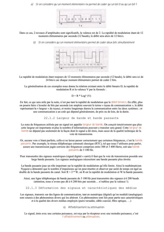 aa)) SSii oonn ccoonnssiiddèèrree qquu’’uunn mmoommeenntt éélléémmeennttaaiirree nnee ppeerrmmeett ddee ccooddeerr qquu’’uunn bbiitt 00 oouu qquu’’uunn bbiitt 11
DDaannss ccee ccaass,, 22 nniivveeaauuxx dd’’aammpplliittuuddeess ssoonntt ssiiggnniiffiiccaattiiffss,, llaa vvaalleennccee eesstt ddee 22.. LLaa rraappiiddiittéé ddee mmoodduullaattiioonn ééttaanntt ddee 1122
mmoommeennttss éélléémmeennttaaiirreess ppaarr sseeccoonnddee ((1122 bbaauuddss)),, llee ddéébbiitt sseerraa aalloorrss ddee 1122 bbiittss//ss..
bb)) SSii oonn ccoonnssiiddèèrree qquu’’uunn mmoommeenntt éélléémmeennttaaiirree ppeerrmmeett ddee ccooddeerr ddeeuuxx bbiittss ssiimmuullttaannéémmeenntt
LLaa rraappiiddiittéé ddee mmoodduullaattiioonn ééttaanntt ttoouujjoouurrss ddee 1122 mmoommeennttss éélléémmeennttaaiirreess ppaarr sseeccoonnddee ((1122 bbaauuddss)),, llee ddéébbiitt sseerraa iiccii ddee
2244 bbiittss//ss ccaarr cchhaaqquuee mmoommeenntt éélléémmeennttaaiirree ppeerrmmeett ddee ccooddeerr 22 bbiittss..
LLaa ggéénnéérraalliissaattiioonn ddee cceess eexxeemmpplleess nnoouuss ddoonnnnee llaa rreellaattiioonn eexxiissttaanntt eennttrree llee ddéébbiitt bbiinnaaiirree DD,, llaa rraappiiddiittéé ddee
mmoodduullaattiioonn RR eett llaa vvaalleennccee VV ppaarr llaa ffoorrmmuullee ::
DD == RR ** LLoogg²² ((VV))
EEnn ffaaiitt,, ccee qquuii sseerraa uuttiillee ppaarr llaa ssuuiittee,, nn’’eesstt ppaass ttaanntt llaa rraappiiddiittéé ddee mmoodduullaattiioonn qquuee llee ddéébbiitt bbiinnaaiirree.. EEnn eeffffeett,, pplluuss
oonn ppoouurrrraa ffaaiirree ss’’ééccoouulleerr ddee bbiittss ppaarr sseeccoonnddee ((oonn eemmppllooiiee ssoouuvveenntt llee tteerrmmee «« ttuuyyaauu ddee ccoommmmuunniiccaattiioonn »»,, llee ddéébbiitt
rreepprréésseennttaanntt llaa «« llaarrggeeuurr »» dduu ttuuyyaauu)),, eett mmooiinnss lloonnggtteemmppss dduurreerraa llaa ccoommmmuunniiccaattiioonn eennttrree lleess ddeeuuxx ssyyssttèèmmeess ;; oorr
uunnee ccoommmmuunniiccaattiioonn aa uunn ccooûûtt qquuii ddééppeenndd ggéénnéérraalleemmeenntt,, ddee pprrèèss oouu ddee llooiinn,, ddee llaa dduurrééee..
2222..11..22 LLaarrggeeuurr ddee bbaannddee eett bbaannddee ppaassssaannttee
LLaa zzoonnee ddee ffrrééqquueenncceess uuttiilliissééee ppaarr uunn ssiiggnnaall eesstt aappppeellééee llaarrggeeuurr ddee bbaannddee.. OOnn ccoonnççooiitt iinnttuuiittiivveemmeenntt qquuee pplluuss
cceettttee llaarrggeeuurr eesstt iimmppoorrttaannttee eett pplluuss llee nnoommbbrree dd’’iinnffoorrmmaattiioonnss ppoouuvvaanntt yy ttrraannssiitteerr sseerraa ggrraanndd.. CCeettttee llaarrggeeuurr ddee
bbaannddee nnee ddééppeenndd ppaass sseeuulleemmeenntt ddee llaa ffaaççoonn ddoonntt llee ssiiggnnaall aa ééttéé éémmiiss,, mmaaiiss aauussssii ddee llaa qquuaalliittéé tteecchhnniiqquuee ddee llaa
vvooiiee ddee ttrraannssmmiissssiioonn..
OOrr,, aauuccuunnee vvooiiee nn’’ééttaanntt ppaarrffaaiittee,, cceellllee--ccii nnee llaaiissssee ppaasssseerr ccoorrrreecctteemmeenntt qquuee cceerrttaaiinneess ffrrééqquueenncceess,, cc’’eesstt llaa bbaannddee
ppaassssaannttee.. PPaarr eexxeemmppllee,, llee rréésseeaauu ttéélléépphhoonniiqquuee ccoommmmuuttéé ccllaassssiiqquuee ((RRTTCC)),, tteell qquuee nnoouuss ll’’uuttiilliissoonnss ppoouurr ppaarrlleerr,,
aassssuurree uunnee ttrraannssmmiissssiioonn jjuuggééee ccoorrrreeccttee ddeess ffrrééqquueenncceess ccoommpprriisseess eennttrree 330000 eett 33 440000 HHeerrttzz,, ssooiitt uunnee bbaannddee
ppaassssaannttee ddee 33 110000 HHzz..
PPoouurr ttrraannssmmeettttrree ddeess ssiiggnnaauuxx nnuumméérriiqquueess ((ssiiggnnaall ddiiggiittaall «« ccaarrrréé)) iill ffaauutt qquuee llaa vvooiiee ddee ttrraannssmmiissssiioonn ppoossssèèddee uunnee
llaarrggee bbaannddee ppaassssaannttee.. LLeess ssiiggnnaauuxx aannaallooggiiqquueess nnéécceessssiitteenntt uunnee bbaannddee ppaassssaannttee pplluuss ééttrrooiittee..
LLaa bbaannddee ppaassssaannttee jjoouuee uunn rrôôllee iimmppoorrttaanntt ssuurr llaa rraappiiddiittéé ddee mmoodduullaattiioonn qquu’’eellllee lliimmiittee.. AAiinnssii llee mmaatthhéémmaattiicciieenn
NNyyqquuiisstt aa ddéémmoonnttrréé qquuee llee nnoommbbrree dd’’iimmppuullssiioonnss qquu’’oonn ppeeuutt éémmeettttrree eett oobbsseerrvveerr ppaarr uunniittéé ddee tteemmppss eesstt ééggaall aauu
ddoouubbllee ddee llaa bbaannddee ppaassssaannttee dduu ccaannaall.. SSooiitt RR == 22 ** WW,, ooùù RR eesstt llaa rraappiiddiittéé ddee mmoodduullaattiioonn eett WW llaa bbaannddee ppaassssaannttee..
AAiinnssii,, uunnee lliiggnnee ttéélléépphhoonniiqquuee ddee bbaannddee ppaassssaannttee ddee 33 110000 HHzz ppeeuutt ttrraannssmmeettttrree ddeess ssiiggnnaauuxx àà 66 220000 bbaauuddss
((aatttteennttiioonn,, nnoouuss nn’’aavvoonnss ppaass ddiitt àà 66 220000 bbiittss ppaarr sseeccoonnddee…… nn’’oouubblliieezz ppaass llaa vvaalleennccee !!))..
2222..11..33 DDééffoorrmmaattiioonn ddeess ssiiggnnaauuxx eett ccaarraaccttéérriissttiiqquueess ddeess mmééddiiaass
LLeess ssiiggnnaauuxx,, ttrraannssmmiiss ssuurr ddeess lliiggnneess ddee ccoommmmuunniiccaattiioonn,, ttaanntt eenn nnuumméérriiqquuee ((ddiiggiittaall)) qquu’’eenn mmoodduulléé ((aannaallooggiiqquuee))
ssoonntt ssoouummiiss àà ddeess pphhéénnoommèènneess ddiivveerrss qquuii lleess aallttèèrreenntt.. CCeess pphhéénnoommèènneess ssoonntt lliiééss ppoouurr ppaarrttiiee aauuxx ccaarraaccttéérriissttiiqquueess
eett àà llaa qquuaalliittéé ddeess ddiivveerrss mmééddiiaass eemmppllooyyééss ((ppaaiirree ttoorrssaaddééee,, ccââbbllee ccooaaxxiiaall,, ffiibbrree ooppttiiqquuee,, ……))
aa)) AAffffaaiibblliisssseemmeenntt oouu aattttéénnuuaattiioonn
LLee ssiiggnnaall,, éémmiiss aavveecc uunnee cceerrttaaiinnee ppuuiissssaannccee,, eesstt rreeççuu ppaarr llee rréécceepptteeuurr aavveecc uunnee mmooiinnddrree ppuuiissssaannccee,, cc’’eesstt
ll’’aaffffaaiibblliisssseemmeenntt oouu aattttéénnuuaattiioonn..
 