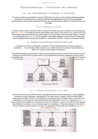 CChhaappiittrree 2233
TTééllééiinnffoorrmmaattiiqquuee –– SSttrruuccttuurreess ddeess rréésseeaauuxx
2233..11 LLEESS CCOONNFFIIGGUURRAATTIIOONNSS DDEE RREESSEEAAUUXX OOUU TTOOPPOOLLOOGGIIEESS
IIll eexxiissttee ddee nnoommbbrreeuusseess ppoossssiibbiilliittééss ddee rreelliieerr lleess EETTTTDD eennttrree eeuuxx,, mmaaiiss oonn ppeeuutt cceeppeennddaanntt ddiissttiinngguueerr qquueellqquueess
ggrraannddss ttyyppeess ddee ccoonnffiigguurraattiioonn oouu ttooppoollooggiieess ((BBrraanncchhee ddeess mmaatthhéémmaattiiqquueess nnééee ddee ll’’ééttuuddee ddeess pprroopprriiééttééss
ggééoommééttrriiqquueess ssee ccoonnsseerrvvaanntt ppaarr ddééffoorrmmaattiioonn ccoonnttiinnuuee,, ppuuiiss ggéénnéérraalliissééee ppoouurr eenngglloobbeerr lleess nnoottiioonnss ddee lliimmiittee eett ddee
vvooiissiinnaaggee))..
2233..11..11 RRéésseeaauu eenn ééttooiillee
LLaa lliiaaiissoonn llaa pplluuss ssiimmppllee eennttrree ddeeuuxx EETTTTDD eesstt cceellllee qquuii nnee ccoommppoorrttee qquuee ddeeuuxx eexxttrréémmiittééss.. UUnnee tteellllee lliiaaiissoonn eesstt
ddiittee ppooiinntt àà ppooiinntt.. UUnn eennsseemmbbllee ddee lliiaaiissoonnss ppooiinntt àà ppooiinntt,, aaxxééeess ccoommmmee cc’’eesstt ssoouuvveenntt llee ccaass,, aauuttoouurr dd’’uunn EETTTTDD
cceennttrraall ((ppaarr eexxeemmppllee uunn ffrroonnttaall ddaannss lleess ggrraannddss rréésseeaauuxx oouu uunn ccoonncceennttrraatteeuurr ddaannss lleess rréésseeaauuxx llooccaauuxx)),, vvaa ffoorrmmeerr
uunnee ccoonnffiigguurraattiioonn ddiittee eenn ééttooiillee.. CC’’eesstt uunnee ttooppoollooggiiee ccoouurraammmmeenntt eemmppllooyyééee eenn rréésseeaauu llooccaall ooùù ll’’ééqquuiippeemmeenntt
cceennttrraall eesstt ggéénnéérraalleemmeenntt rreepprréésseennttéé ppaarr uunn rrééppéétteeuurr –– ccoonncceennttrraatteeuurr oouu HHUUBB –– oouu ppaarr uunn ccoommmmuuttaatteeuurr SSwwiittcchh..
aa)) AAvvaannttaaggeess eett iinnccoonnvvéénniieennttss ddeess lliiaaiissoonnss ppooiinntt àà ppooiinntt –– ééttooiillee
LLaa ttooppoollooggiiee eenn ééttooiillee aa ll’’aavvaannttaaggee ddee llaa ssiimmpplliicciittéé :: EETTTTDD rreelliiééss ddiirreecctteemmeenntt,, ggeessttiioonn ddeess rreessssoouurrcceess
cceennttrraalliissééeess,, …… SSii uunn oorrddiinnaatteeuurr ttoommbbee eenn ppaannnnee oouu ssii uunn ccââbbllee ddee lliiaaiissoonn eesstt ccoouuppéé,, uunn sseeuull oorrddiinnaatteeuurr eesstt
aaffffeeccttéé eett llee rreessttee dduu rréésseeaauu ccoonnttiinnuuee àà ffoonnccttiioonnnneerr..
EEllllee pprréésseennttee ttoouutteeffooiiss uunn iinnccoonnvvéénniieenntt dd’’oorrddrree ééccoonnoommiiqquuee ddaannss llaa mmeessuurree oouu eellllee nnéécceessssiittee aauuttaanntt ddee vvooiieess ddee
lliiaaiissoonnss qquuee dd’’EETTTTDD rreelliiééss aauu nnœœuudd cceennttrraall ccee qquuii eesstt ggéénnéérraalleemmeenntt ddee ccooûûttss,, nnoottaammmmeenntt eenn ccaass ddee rréésseeaauuxx
ggééooggrraapphhiiqquueemmeenntt éétteenndduuss ddee ttyyppee MMAANN ((MMeettrrooppoolliittaann AArreeaa NNeettwwoorrkk)) oouu WWAANN ((WWiiddee AArreeaa NNeettwwoorrkk)).. DDee pplluuss,,
ssii llee ssiittee cceennttrraall –– oouu llee hhuubb ssaannss llee ccaass dd’’uunn rréésseeaauu llooccaall –– ttoommbbee eenn ppaannnnee cc’’eesstt ttoouutt llee rréésseeaauu qquuii eesstt hhoorrss
sseerrvviiccee..
2233..11..22 RRéésseeaauu mmuullttiippooiinnttss oouu eenn BBUUSS
DDaannss llaa lliiaaiissoonn eenn bbuuss,, lleess EETTTTDD ccoonnnneeccttééss ssee ppaarrttaaggeenntt uunnee mmêêmmee vvooiiee ddee ttrraannssmmiissssiioonn.. CC’’eesstt uunnee ttooppoollooggiiee
ccoouurraannttee ddee rréésseeaauu dd’’oorrddiinnaatteeuurrss,, nnoottaammmmeenntt aavveecc dduu ccââbbllee ccooaaxxiiaall.. TToouutteeffooiiss,, dduu ffaaiitt ddeess ffaaiibblleess ddéébbiittss
ssuuppppoorrttééss ppaarr cceess ccââbblleess ccooaaxxiiaauuxx,, cceettttee ttooppoollooggiiee eesstt eenn rrééggrreessssiioonn ddaannss lleess rréésseeaauuxx llooccaauuxx.. LLeess ssttaattiioonnss ssoonntt
ccoonnnneeccttééeess àà llaa vvooiiee uunniiqquuee bbuuss,, ppaarr llee bbiiaaiiss ddee ccoonnnneecctteeuurrss ssppéécciiaalliissééss ((ttrraannsscceeiivveerrss,, ccoonnnneecctteeuurrss eenn TT,, ……))..
DDaannss llaa mmeessuurree ooùù lleess ddoonnnnééeess nnee cciirrccuulleenntt qquuee ssuurr uunnee vvooiiee ccoommmmuunnee,, iill nnee ppeeuutt yy aavvooiirr qquu’’uunnee sseeuullee ssttaattiioonn eenn
ttrraaiinn dd’’éémmeettttrree àà uunn iinnssttaanntt tt,, ssii oonn nnee vveeuutt ppaass rriissqquueerr llaa «« ccaaccoopphhoonniiee »».. iill ffaauutt ddoonncc ppaarrttaaggeerr llaa vvooiiee eennttrree lleess
ddiivveerrsseess ssttaattiioonnss qquuii iinntteerrvviieennnneenntt ssuurr llee rréésseeaauu.. CCee ppaarrttaaggee ppeeuutt ssee ffaaiirree sseelloonn ddeeuuxx pprrooccéédduurreess :: llee ppoolllliinngg--
sseelleeccttiinngg oouu llaa ddiiffffuussiioonn..
 