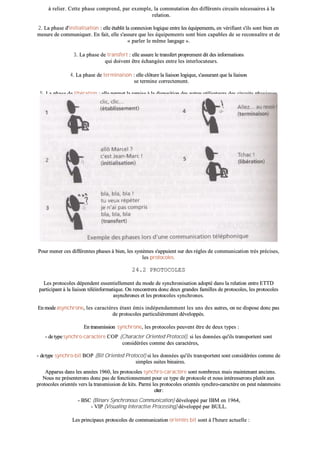 àà rreelliieerr.. CCeettttee pphhaassee ccoommpprreenndd,, ppaarr eexxeemmppllee,, llaa ccoommmmuuttaattiioonn ddeess ddiifffféérreennttss cciirrccuuiittss nnéécceessssaaiirreess àà llaa
rreellaattiioonn..
22.. LLaa pphhaassee dd''iinniittiiaalliissaattiioonn :: eellllee ééttaabblliitt llaa ccoonnnneexxiioonn llooggiiqquuee eennttrree lleess ééqquuiippeemmeennttss,, eenn vvéérriiffiiaanntt ss''iillss ssoonntt bbiieenn eenn
mmeessuurree ddee ccoommmmuunniiqquueerr.. EEnn ffaaiitt,, eellllee ss''aassssuurree qquuee lleess ééqquuiippeemmeennttss ssoonntt bbiieenn ccaappaabblleess ddee ssee rreeccoonnnnaaîîttrree eett ddee
«« ppaarrlleerr llee mmêêmmee llaannggaaggee »»..
33.. LLaa pphhaassee ddee ttrraannssffeerrtt :: eellllee aassssuurree llee ttrraannssffeerrtt pprroopprreemmeenntt ddiitt ddeess iinnffoorrmmaattiioonnss
qquuii ddooiivveenntt êêttrree éécchhaannggééeess eennttrree lleess iinntteerrllooccuutteeuurrss..
44.. LLaa pphhaassee ddee tteerrmmiinnaaiissoonn :: eellllee ccllôôttuurree llaa lliiaaiissoonn llooggiiqquuee,, ss''aassssuurraanntt qquuee llaa lliiaaiissoonn
ssee tteerrmmiinnee ccoorrrreecctteemmeenntt..
55.. LLaa pphhaassee ddee lliibbéérraattiioonn :: eellllee ppeerrmmeett llaa rreemmiissee àà llaa ddiissppoossiittiioonn ddeess aauuttrreess uuttiilliissaatteeuurrss ddeess cciirrccuuiittss pphhyyssiiqquueess
eemmpprruunnttééss ppaarr llaa ccoommmmuunniiccaattiioonn..
PPoouurr mmeenneerr cceess ddiifffféérreenntteess pphhaasseess àà bbiieenn,, lleess ssyyssttèèmmeess ss''aappppuuiieenntt ssuurr ddeess rrèègglleess ddee ccoommmmuunniiccaattiioonn ttrrèèss pprréécciisseess,,
lleess pprroottooccoolleess..
2244..22 PPRROOTTOOCCOOLLEESS
LLeess pprroottooccoolleess ddééppeennddeenntt eesssseennttiieelllleemmeenntt dduu mmooddee ddee ssyynncchhrroonniissaattiioonn aaddooppttéé ddaannss llaa rreellaattiioonn eennttrree EETTTTDD
ppaarrttiicciippaanntt àà llaa lliiaaiissoonn ttééllééiinnffoorrmmaattiiqquuee.. OOnn rreennccoonnttrreerraa ddoonncc ddeeuuxx ggrraannddeess ffaammiilllleess ddee pprroottooccoolleess,, lleess pprroottooccoolleess
aassyynncchhrroonneess eett lleess pprroottooccoolleess ssyynncchhrroonneess..
EEnn mmooddee aassyynncchhrroonnee,, lleess ccaarraaccttèèrreess ééttaanntt éémmiiss iinnddééppeennddaammmmeenntt lleess uunnss ddeess aauuttrreess,, oonn nnee ddiissppoossee ddoonncc ppaass
ddee pprroottooccoolleess ppaarrttiiccuulliièèrreemmeenntt ddéévveellooppppééss..
EEnn ttrraannssmmiissssiioonn ssyynncchhrroonnee,, lleess pprroottooccoolleess ppeeuuvveenntt êêttrree ddee ddeeuuxx ttyyppeess ::
-- ddee ttyyppee ssyynncchhrroo--ccaarraaccttèèrree CCOOPP ((CChhaarraacctteerr OOrriieenntteedd PPrroottooccooll)),, ssii lleess ddoonnnnééeess qquu''iillss ttrraannssppoorrtteenntt ssoonntt
ccoonnssiiddéérrééeess ccoommmmee ddeess ccaarraaccttèèrreess,,
-- ddeettyyppee ssyynncchhrroo--bbiitt BBOOPP ((BBiitt OOrriieenntteedd PPrroottooccooll)) ssii lleess ddoonnnnééeess qquu''iillss ttrraannssppoorrtteenntt ssoonntt ccoonnssiiddéérrééeess ccoommmmee ddee
ssiimmpplleess ssuuiitteess bbiinnaaiirreess..
AAppppaarruuss ddaannss lleess aannnnééeess 11996600,, lleess pprroottooccoolleess ssyynncchhrroo--ccaarraaccttèèrree ssoonntt nnoommbbrreeuuxx mmaaiiss mmaaiinntteennaanntt aanncciieennss..
NNoouuss nnee pprréésseenntteerroonnss ddoonncc ppaass ddee ffoonnccttiioonnnneemmeenntt ppoouurr ccee ttyyppee ddee pprroottooccoollee eett nnoouuss iinnttéérreesssseerroonnss pplluuttôôtt aauuxx
pprroottooccoolleess oorriieennttééss vveerrss llaa ttrraannssmmiissssiioonn ddee kkiittss.. PPaarrmmii lleess pprroottooccoolleess oorriieennttééss ssyynncchhrroo--ccaarraaccttèèrree oonn ppeeuutt nnééaannmmooiinnss
cciitteerr::
-- BBSSCC ((BBiinnaarrvv SSyynncchhrroonnoouuss CCoommmmuunniiccaattiioonn)) ddéévveellooppppéé ppaarr IIBBMM eenn 11996644,,
-- VVIIPP ((VViissuuaalliinngg IInntteerraaccttiivvee PPrroocceessssiinngg)) ddéévveellooppppéé ppaarr BBUULLLL..
LLeess pprriinncciippaauuxx pprroottooccoolleess ddee ccoommmmuunniiccaattiioonn oorriieennttééss bbiitt ssoonntt àà ll''hheeuurree aaccttuueellllee ::
 