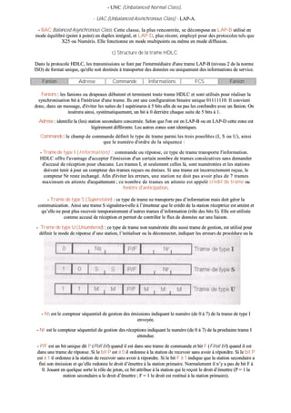 -- UUNNCC ((UUnnbbaallaanncceedd NNoorrmmaall CCllaassss)),,
-- UUAACC ((UUnnbbaallaanncceedd AAssvvnncchhrroonnoouuss CCllaassss)) -- LLAAPP--AA..
-- BBAACC BBaallaanncceedd AAssyynncchhrroonnoouuss CCllaassss.. CCeettttee ccllaassssee,, llaa pplluuss rreennccoonnttrrééee,, ssee ddééccoommppoossee eenn LLAAPP--BB uuttiilliisséé eenn
mmooddee ééqquuiilliibbrréé ((ppooiinntt àà ppooiinntt)) eenn dduupplleexx iinnttééggrraall,, eett LLAAPP--DD,, pplluuss rréécceenntt,, eemmppllooyyéé ppoouurr ddeess pprroottooccoolleess tteellss qquuee
XX2255 oouu NNuumméérriiss.. EEllllee ffoonnccttiioonnnnee eenn mmooddee mmuullttiippooiinnttss oouu mmêêmmee eenn mmooddee ddiiffffuussiioonn..
cc)) SSttrruuccttuurree ddee llaa ttrraammee HHDDLLCC
DDaannss llee pprroottooccoollee HHDDLLCC,, lleess ttrraannssmmiissssiioonnss ssee ffoonntt ppaarr ll''iinntteerrmmééddiiaaiirree dd''uunnee ttrraammee LLAAPP--BB ((nniivveeaauu 22 ddee llaa nnoorrmmee
IISSOO)) ddee ffoorrmmaatt uunniiqquuee,, qquu''eellllee ssooiitt ddeessttiinnééee àà ttrraannssppoorrtteerr ddeess ddoonnnnééeess oouu uunniiqquueemmeenntt ddeess iinnffoorrmmaattiioonnss ddee sseerrvviiccee..
FFaanniioonn AAddrreessssee CCoommmmaannddee IInnffoorrmmaattiioonnss FFCCSS FFaanniioonn
FFaanniioonnss :: lleess ffaanniioonnss oouu ddrraappeeaauuxx ddéébbuutteenntt eett tteerrmmiinneenntt ttoouuttee ttrraammee HHDDLLCC eett ssoonntt uuttiilliissééss ppoouurr rrééaalliisseerr llaa
ssyynncchhrroonniissaattiioonn bbiitt àà ll''iinnttéérriieeuurr dd''uunnee ttrraammee.. IIllss oonntt uunnee ccoonnffiigguurraattiioonn bbiinnaaiirree uunniiqquuee 0011111111111100.. IIll ccoonnvviieenntt
ddoonncc,, ddaannss uunn mmeessssaaggee,, dd''éévviitteerr lleess ssuuiitteess ddee II ssuuppéérriieeuurreess àà 55 bbiittss aaffiinn ddee nnee ppaass lleess ccoonnffoonnddrree aavveecc uunn ffaanniioonn.. OOnn
iinnsséérreerraa aaiinnssii,, ssyyssttéémmaattiiqquueemmeenntt,, uunn bbiitt àà 00 ddeerrrriièèrree cchhaaqquuee ssuuiittee ddee 55 bbiittss àà 11..
AAddrreessssee :: iiddeennttiiffiiee llaa ((lleess)) ssttaattiioonn sseeccoonnddaaiirree ccoonncceerrnnééee.. SSeelloonn qquuee ll''oonn eesstt eenn LLAAPP--BB oouu eenn LLAAPP--DD cceettttee zzoonnee eesstt
llééggèèrreemmeenntt ddiifffféérreennttee.. LLeess aauuttrreess zzoonneess ssoonntt iiddeennttiiqquueess..
CCoommmmaannddee :: llee cchhaammpp ddee ccoommmmaannddee ddééffiinniitt llee ttyyppee ddee ttrraammee ppaarrmmii lleess ttrrooiiss ppoossssiibblleess ((II,, SS oouu UU)),, aaiinnssii
qquuee llee nnuumméérroo dd''oorrddrree ddee llaa ssééqquueennccee ::
-- TTrraammee ddee ttyyppee II ((IInnffoorrmmaattiioonn)) :: ccoommmmaannddee oouu rrééppoonnssee,, ccee ttyyppee ddee ttrraammee ttrraannssppoorrttee ll''iinnffoorrmmaattiioonn..
HHDDLLCC ooffffrree ll''aavvaannttaaggee dd''aacccceepptteerr ll''éémmiissssiioonn dd''uunn cceerrttaaiinn nnoommbbrree ddee ttrraammeess ccoonnssééccuuttiivveess ssaannss ddeemmaannddeerr
dd''aaccccuusséé ddee rréécceeppttiioonn ppoouurr cchhaaccuunnee.. LLeess ttrraammeess II,, eett sseeuulleemmeenntt cceelllleess llàà,, ssoonntt nnuumméérroottééeess eett lleess ssttaattiioonnss
ddooiivveenntt tteenniirr àà jjoouurr uunn ccoommpptteeuurr ddeess ttrraammeess rreeççuueess oouu éémmiisseess.. SSii uunnee ttrraammee eesstt iinnccoorrrreecctteemmeenntt rreeççuuee,, llee
ccoommpptteeuurr NNrr rreessttee iinncchhaannggéé.. AAffiinn dd''éévviitteerr lleess eerrrreeuurrss,, uunnee ssttaattiioonn nnee ddooiitt ppaass aavvooiirr pplluuss ddee 77 ttrraammeess
mmaaxxiimmuumm eenn aatttteennttee dd''aaccqquuiitttteemmeenntt ;; ccee nnoommbbrree ddee ttrraammeess eenn aatttteennttee eesstt aappppeelléé ccrrééddiitt ddee ttrraammee oouu
ffeennêêttrree dd''aannttiicciippaattiioonn..
-- TTrraammee ddee ttyyppee SS ((SSuuppeerrvviissiioonn)) :: ccee ttyyppee ddee ttrraammee nnee ttrraannssppoorrttee ppaass dd’’iinnffoorrmmaattiioonn mmaaiiss ddooiitt ggéérreerr llaa
ccoommmmuunniiccaattiioonn.. AAiinnssii uunnee ttrraammee SS ssiiggnnaalleerraa--tt--eellllee àà ll’’éémmeetttteeuurr qquuee llee ccrrééddiitt ddee llaa ssttaattiioonn rréécceeppttrriiccee eesstt aatttteeiinntt eett
qquu’’eellllee nnee ppeeuutt pplluuss rreecceevvooiirr tteemmppoorraaiirreemmeenntt dd’’aauuttrreess ttrraammeess dd’’iinnffoorrmmaattiioonn ((rrôôllee ddeess bbiittss SS)).. EEllllee eesstt uuttiilliissééee
ccoommmmee aaccccuusséé ddee rréécceeppttiioonn eett ppeerrmmeett ddee ccoonnttrrôôlleerr llee fflluuxx ddee ddoonnnnééeess ssuurr uunnee lliiaaiissoonn..
-- TTrraammee ddee ttyyppee UU ((UUnnuummbbeerreedd)) :: ccee ttyyppee ddee ttrraammee nnoonn nnuumméérroottééee ddiittee aauussssii ttrraammee ddee ggeessttiioonn,, eesstt uuttiilliisséé ppoouurr
ddééffiinniirr llee mmooddee ddee rrééppoonnssee dd’’uunnee ssttaattiioonn,, ll’’iinniittiiaalliisseerr oouu llaa ddééccoonnnneecctteerr,, iinnddiiqquueerr lleess eerrrreeuurrss ddee pprrooccéédduurree oouu llaa
tteesstteerr..
-- NNss eesstt llee ccoommpptteeuurr ssééqquueennttiieell ddee ggeessttiioonn ddeess éémmiissssiioonnss iinnddiiqquuaanntt llee nnuumméérroo ((ddee 00 àà 77)) ddee llaa ttrraammee ddee ttyyppee II
eennvvooyyééee..
-- NNrr eesstt llee ccoommpptteeuurr ssééqquueennttiieell ddee ggeessttiioonn ddeess rréécceeppttiioonnss iinnddiiqquuaanntt llee nnuumméérroo ((ddee 00 àà 77)) ddee llaa pprroocchhaaiinnee ttrraammee II
aatttteenndduuee..
-- PP//FF eesstt uunn bbiitt uunniiqquuee ddiitt PP ((PPoollll bbiitt)) qquuaanndd iill eesstt ddaannss uunnee ttrraammee ddee ccoommmmaannddee eett bbiitt FF ((FFiinnaall bbiitt)) qquuaanndd iill eesstt
ddaannss uunnee ttrraammee ddee rrééppoonnssee.. SSii llee bbiitt PP eesstt àà 00 iill oorrddoonnnnee àà llaa ssttaattiioonn ddee rreecceevvooiirr ssaannss aavvooiirr àà rrééppoonnddrree.. SSii llee bbiitt PP
eesstt àà 11 iill oorrddoonnnnee àà llaa ssttaattiioonn ddee rreecceevvooiirr ssaannss aavvooiirr àà rrééppoonnddrree.. SSii llee bbiitt FF àà 11 iinnddiiqquuee qquuee llaa ssttaattiioonn sseeccoonnddaaiirree aa
ffiinnii ssoonn éémmiissssiioonn eett qquu’’eellllee rreeddoonnnnee llee ddrrooiitt dd’’éémmeettttrree àà llaa ssttaattiioonn pprriimmaaiirree.. NNoorrmmaalleemmeenntt iill nn’’yy aa ppaass ddee bbiitt FF àà
00.. JJoouuaanntt eenn qquueellqquuee ssoorrttee llee rrôôllee ddee jjeettoonn,, ccee bbiitt aattttrriibbuuee àà llaa ssttaattiioonn qquuii llee rreeççooiitt llee ddrrooiitt dd’’éémmeettttrree ((PP == 11 llaa
ssttaattiioonn sseeccoonnddaaiirree aa llee ddrrooiitt dd’’éémmeettttrree ;; FF == 11 llee ddrrooiitt eesstt rreessttiittuuéé àà llaa ssttaattiioonn pprriimmaaiirree))..
 
