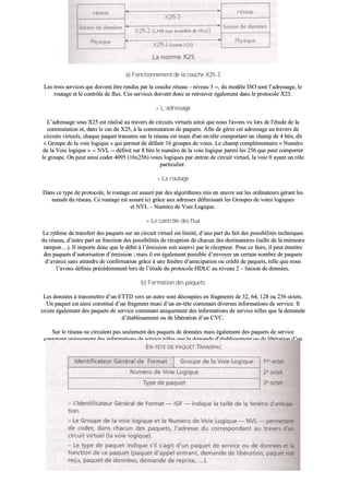 aa)) FFoonnccttiioonnnneemmeenntt ddee llaa ccoouucchhee XX2255--33
LLeess ttrrooiiss sseerrvviicceess qquuii ddooiivveenntt êêttrree rreenndduuss ppaarr llaa ccoouucchhee rréésseeaauu –– nniivveeaauu 33 ----,, dduu mmooddèèllee IISSOO ssoonntt ll’’aaddrreessssaaggee,, llee
rroouuttaaggee eett llee ccoonnttrrôôllee ddee fflluuxx.. CCeess sseerrvviicceess ddooiivveenntt ddoonncc ssee rreettrroouuvveerr ééggaalleemmeenntt ddaannss llee pprroottooccoollee XX2255..
>> LL’’aaddrreessssaaggee
LL’’aaddrreessssaaggee ssoouuss XX2255 eesstt rrééaalliisséé aauu ttrraavveerrss ddee cciirrccuuiittss vviirrttuueellss aaiinnssii qquuee nnoouuss ll''aavvoonnss vvuu lloorrss ddee ll''ééttuuddee ddee llaa
ccoommmmuuttaattiioonn eett,, ddaannss llee ccaass ddee XX2255,, àà llaa ccoommmmuuttaattiioonn ddee ppaaqquueettss.. AAffiinn ddee ggéérreerr cceett aaddrreessssaaggee aauu ttrraavveerrss ddee
cciirrccuuiittss vviirrttuueellss,, cchhaaqquuee ppaaqquueett ttrraannssmmiiss ssuurr llee rréésseeaauu eesstt mmuunnii dd''uunn eenn--ttêêttee ccoommppoorrttaanntt uunn cchhaammpp ddee 44 bbiittss,, ddiitt
«« GGrroouuppee ddee llaa vvooiiee llooggiiqquuee »» qquuii ppeerrmmeett ddee ddééffiinniirr 1166 ggrroouuppeess ddee vvooiieess.. LLee cchhaammpp ccoommpplléémmeennttaaiirree «« NNuumméérroo
ddee llaa VVooiiee llooggiiqquuee »» ---- NNVVLL ---- ddééffiinniitt ssuurr 88 bbiittss llee nnuumméérroo ddee llaa vvooiiee llooggiiqquuee ppaarrmmii lleess 225566 qquuee ppeeuutt ccoommppoorrtteerr
llee ggrroouuppee.. OOnn ppeeuutt aaiinnssii ccooddeerr 44009955 ((1166xx225566)) vvooiieess llooggiiqquueess ppaarr eennttrrééee ddee cciirrccuuiitt vviirrttuueell,, llaa vvooiiee 00 aayyaanntt uunn rrôôllee
ppaarrttiiccuulliieerr..
>> LLee rroouuttaaggee
DDaannss ccee ttyyppee ddee pprroottooccoollee,, llee rroouuttaaggee eesstt aassssuurréé ppaarr ddeess aallggoorriitthhmmeess mmiiss eenn œœuuvvrree ssuurr lleess oorrddiinnaatteeuurrss ggéérraanntt lleess
nnœœuuddss dduu rréésseeaauu.. CCee rroouuttaaggee eesstt aassssuurréé iiccii ggrrââccee aauuxx aaddrreesssseess ddééffiinniissssaanntt lleess GGrroouuppeess ddee vvooiieess llooggiiqquueess
eett NNVVLL –– NNuumméérroo ddee VVooiiee LLooggiiqquuee..
>> LLee ccoonnttrrôôllee ddeess fflluuxx
LLee rryytthhmmee ddee ttrraannssffeerrtt ddeess ppaaqquueettss ssuurr uunn cciirrccuuiitt vviirrttuueell eesstt lliimmiittéé,, dd’’uunnee ppaarrtt dduu ffaaiitt ddeess ppoossssiibbiilliittééss tteecchhnniiqquueess
dduu rréésseeaauu,, dd’’aauuttrree ppaarrtt eenn ffoonnccttiioonn ddeess ppoossssiibbiilliittééss ddee rréécceeppttiioonn ddee cchhaaccuunn ddeess ddeessttiinnaattaaiirreess ((ttaaiillllee ddee llaa mméémmooiirree
ttaammppoonn……)).. IIll iimmppoorrttee ddoonncc qquuee llee ddéébbiitt àà ll’’éémmiissssiioonn ssooiitt aasssseerrvvii ppaarr llee rréécceepptteeuurr.. PPoouurr ccee ffaaiirree,, iill ppeeuutt éémmeettttrree
ddeess ppaaqquueettss dd’’aauuttoorriissaattiioonn dd’’éémmiissssiioonn ;; mmaaiiss iill eesstt ééggaalleemmeenntt ppoossssiibbllee dd’’eennvvooyyeerr uunn cceerrttaaiinn nnoommbbrree ddee ppaaqquueettss
dd’’aavvaannccee ssaannss aatttteennddrree ddee ccoonnffiirrmmaattiioonn ggrrââccee àà uunnee ffeennêêttrree dd’’aannttiicciippaattiioonn oouu ccrrééddiitt ddee ppaaqquueettss,, tteellllee qquuee nnoouuss
ll’’aavvoonnss ddééffiinniiee pprrééccééddeemmmmeenntt lloorrss ddee ll’’ééttuuddee dduu pprroottooccoollee HHDDLLCC aauu nniivveeaauu 22 –– lliiaaiissoonn ddee ddoonnnnééeess..
bb)) FFoorrmmaattiioonn ddeess ppaaqquueettss
LLeess ddoonnnnééeess àà ttrraannssmmeettttrree dd’’uunn EETTTTDD vveerrss uunn aauuttrree ssoonntt ddééccoouuppééeess eenn ffrraaggmmeennttss ddee 3322,, 6644,, 112288 oouu 225566 oocctteettss..
UUnn ppaaqquueett eesstt aaiinnssii ccoonnssttiittuuéé dd’’uunn ffrraaggmmeenntt mmuunnii dd’’uunn eenn--ttêêttee ccoonntteennaanntt ddiivveerrsseess iinnffoorrmmaattiioonnss ddee sseerrvviiccee.. IIll
eexxiissttee ééggaalleemmeenntt ddeess ppaaqquueettss ddee sseerrvviiccee ccoonntteennaanntt uunniiqquueemmeenntt ddeess iinnffoorrmmaattiioonnss ddee sseerrvviiccee tteelllleess qquuee llaa ddeemmaannddee
dd’’ééttaabblliisssseemmeenntt oouu ddee lliibbéérraattiioonn dd’’uunn CCVVCC..
SSuurr llee rréésseeaauu nnee cciirrccuulleenntt ppaass sseeuulleemmeenntt ddeess ppaaqquueettss ddee ddoonnnnééeess mmaaiiss ééggaalleemmeenntt ddeess ppaaqquueettss ddee sseerrvviiccee
ccoonntteennaanntt uunniiqquueemmeenntt ddeess iinnffoorrmmaattiioonnss ddee sseerrvviiccee tteelllleess qquuee llaa ddeemmaannddee dd’’ééttaabblliisssseemmeenntt oouu ddee lliibbéérraattiioonn dd’’uunn
CCVVCC.. CCeerrttaaiinnss ddee cceess ppaaqquueettss ppeeuuvveenntt êêttrree pprriioorriittaaiirreess eett «« ddoouubblleerr »» lleess ppaaqquueettss ddee ddoonnnnééeess.. LL’’eenn ––ttêêttee dduu
ppaaqquueett,, ssuurr ttrrooiiss oocctteettss,, eesstt ccoonnssttiittuuééss ddee llaa mmaanniièèrree ssuuiivvaannttee..
 