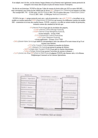 IIll eesstt aaddaappttéé,, ttoouutt àà llaa ffooiiss,, ssuurr ddeess rréésseeaauuxx lloonngguuee ddiissttaannccee tteell qquu’’IInntteerrnneett mmaaiiss ééggaalleemmeenntt ccoommmmee pprroottooccoollee ddee
ttrraannssppoorrtt eett ddee rréésseeaauu ddaannss ddee pplluuss eenn pplluuss ddee rréésseeaauuxx llooccaauuxx dd’’eennttrreepprriissee..
DDuu ffaaiitt ddee ssoonn hhiissttoorriiqquuee,, TTCCPP//IIPP nnee ffaaiitt ppaass ll’’oobbjjeett ddee nnoorrmmeess ddee ddrrooiittss tteelllleess qquuee XX2255 oouu aauuttrreess IISSOO 880022,, ……
mmaaiiss ccoorrrreessppoonndd àà uunnee nnoorrmmee ddee ffaaiitt,, ddééffiinniiee ppaarr lleess ddiivveerrss RRFFCC ((RReeqquueesstt FFoorr CCoommmmeennttss)) ssuurr lleessqquueellss iill eesstt bbââttii..
PPaarr eexxeemmppllee RRFFCC 779911 –– 99//11998811 ppoouurr IInntteerrnneett PPrroottooccooll,, RRFFCC 779933 àà llaa mmêêmmee ddaattee ppoouurr TTrraannssmmiissssiioonn CCoonnttrrooll
PPrroottooccooll,, RRFFCC 11448844 –– 33//11999944 ppoouurr MMuullttiiccaasstt EExxtteennssiioonnss……
TTCCPP//IIPP nn’’eesstt ppaass uunn uunniiqquuee pprroottooccoollee mmaaiiss uunnee «« ssuuiittee ddee pprroottooccoolleess »» oouu «« ppiillee TTCCPP//IIPP »»,, ttrraavvaaiillllaanntt ssuurr uunn
mmooddèèllee eenn ccoouucchheess ppaarrttiiccuulliieerr DDOODD ((DDeeppaarrtteemmeenntt OOff DDeeffeennssee)),, qquuii rreeccoouuvvrree lleess ddiifffféérreenntteess ccoouucchheess dduu mmooddèèllee
IISSOO –– nnoottaammmmeenntt aauu nniivveeaauu ddeess ccoouucchheess bbaasssseess.. TTCCPP//IIPP «« rreeccoouuvvrree »» eenn eeffffeett uunn cceerrttaaiinn nnoommbbrree ddee pprroottooccoolleess,,
iinnssttaauurrééss ccoommmmee ddeess ssttaannddaarrdd ddee ffaaiitt tteellss qquuee ::
-- IIPP ((IInntteerrnneett PPrroottooccooll)) qquuii ggèèrree llaa cciirrccuullaattiioonn ddeess ppaaqquueettss,,
-- IICCMMPP ((IInntteerrnneett CCoonnttrrooll MMeessssaaggee PPrroottooccooll)),,
-- IIGGMMPP ((IInntteerrnneett GGrroouupp MMaannaaggmmeenntt PPrroottooccooll)),,
-- nniivveeaauu ttrraannssppoorrtt –– nniivveeaauu 44 IISSOO
--TTCCPP ((TTrraannssmmiissssiioonn CCoonnttrrooll PPrroottooccooll)) oouu
-- UUDDPP ((UUsseerr DDaattaaggrraamm PPrroottooccooll)),,
-- nniivveeaauu aapppplliiccaattiioonn –– nniivveeaauuxx 55,,66 eett 77 IISSOO
-- DDNNSS ((DDoommaaiinn NNaammee SSeerrvviiccee)) qquuii ééttaabblliitt llaa ccoorrrreessppoonnddaannccee eennttrree uunnee aaddrreessssee IIPP eett nnoomm rréésseeaauu tteell qquu’’iill eesstt
rreeccoonnnnuu ssoouuss IInntteerrnneett,,
-- FFTTPP ((FFiillee TTrraannssffeerrtt PPrroottooccooll)) ddeessttiinnéé aauu ttrraannssffeerrtt ddee ffiicchhiieerrss,,
-- NNFFSS ((NNeettwwoorrkk FFiillee SSyysstteemm)) qquuii ppeerrmmeett llee ppaarrttaaggee ddee ffiicchhiieerrss,,
-- SSMMTTPP ((SSiimmppllee MMaaiill TTrraannssppoorrtt PPrroottooccooll)) qquuii ggèèrree llee ccoouurrrriieerr éélleeccttrroonniiqquuee,,
-- TTeellNNeett ((TTeelleettyyppee NNeettwwoorrkk)) qquuii ppeerrmmeett ll’’oouuvveerrttuurree ddee sseessssiioonnss àà ddiissttaannccee……,,
-- SSLLIIPP ((SSeerriiaall LLiinnee IIPP)) eett PPPPPP ((PPooiinntt ttoo PPooiinntt PPrroottooccooll)) aaddaapptteenntt TTCCPP//IIPP àà ddeess lliiaaiissoonnss sséérriiee vviiaa llee RRéésseeaauu
TTéélléépphhoonniiqquuee CCoommmmuuttéé oouu lleess LLiiaaiissoonnss SSppéécciiaalliissééeess..
 