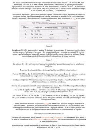 EEnn ccllaaiirr llaa vvaalleeuurr 225555 aattttrriibbuuééee aauu mmaassqquuee ccoorrrreessppoonndd àà uunn oocctteett ooùù lleess 88 bbiittss ssoonntt àà 11 eett llaa vvaalleeuurr 000000,, bbiieenn
éévviiddeemmmmeenntt,, àà uunn oocctteett ooùù lleess 88 bbiittss ssoonntt àà 00.. PPoouurr rreettrroouuvveerr ll’’aaddrreessssee rréésseeaauu,, llee ssyyssttèèmmee pprrooccèèddee àà uunn EETT
llooggiiqquuee eennttrree llee mmaassqquuee ddee rréésseeaauu eett ll’’aaddrreessssee IIPP.. SSeeuullss lleess bbiittss ssiittuuééss «« aauu--ddeessssuuss »» ddee bbiittss àà 11 dduu mmaassqquuee vvoonntt
ppoouuvvooiirr «« ttrraavveerrsseerr llee mmaassqquuee »» aalloorrss qquuee lleess aauuttrreess nnee llee ppoouurrrroonntt ppaass.. EEnn rrééaalliittéé ll’’aaddrreessssee rréésseeaauu nnee ddeevvrraaiitt ppaass
ssee lliirree :: 112255 mmaaiiss pplluuss eexxaacctteemmeenntt :: 112255..000000..000000..000000..
PPoouurr ddéétteecctteerr rraappiiddeemmeenntt àà qquueellllee ccllaassssee aappppaarrttiieenntt llee ppaaqquueett cciirrccuullaanntt ssuurr llee rréésseeaauu eett ppeerrmmeettttrree aauu rroouutteeuurr ddee
rrééeexxppééddiieerr llaa ttrraammee llee pplluuss rraappiiddeemmeenntt ppoossssiibbllee vveerrss ssoonn ddeessttiinnaattaaiirree,, llee pprreemmiieerr oocctteett ddee cchhaaqquuee aaddrreessssee IIPP
ddééssiiggnnee ccllaaiirreemmeenntt llaa ccllaassssee ccoommmmee nnoouuss ll’’aavvoonnss vvuu pprrééccééddeemmmmeenntt.. AAiinnssii,, eenn nnoommmmaanntt ww,, xx,, yy eett zz lleess qquuaattrree
oocctteettss..
CCllaassssee DD
LLeess aaddrreesssseess 222244 àà 223311 ssoonntt rréésseerrvvééeess àà llaa ccllaassssee DD,, ddeessttiinnééee àà ggéérreerr uunn rroouuttaaggee IIPP mmuullttiippooiinnttss ((mmuullttiiccaasstt)) vveerrss
cceerrttaaiinnss ggrroouuppeess dd’’uuttiilliissaatteeuurrss dd’’uunn rréésseeaauu –– ddiittss ggrroouuppeess ddee ddiiffffuussiioonn –– eett nnoonn ppaass uunn rroouuttaaggee IIPP bbrrooaaddccaasstt
ccoommmmee cc’’eesstt hhaabbiittuueelllleemmeenntt llee ccaass,, ooùù llee mmeessssaaggee eesstt ddiiffffuusséé vveerrss lleess ssttaattiioonnss pprréésseenntteess ssuurr llee rréésseeaauu.. CChhaaqquuee
mmaacchhiinnee dduu ggrroouuppee ddee ddiiffffuussiioonn ppoossssééddaanntt llaa mmêêmmee aaddrreessssee ddee ggrroouuppee mmuullttiiccaasstt..
CCllaassssee EE
LLeess aaddrreesssseess 223311 àà 225544 ssoonntt rréésseerrvvééeess àà llaa ccllaassssee EE,, ddeessttiinnééee tthhééoorriiqquueemmeenntt àà uunn uussaaggee ffuuttuurr eett aaccttuueelllleemmeenntt
iinneexxppllooiittééee..
IIll ccoonnvviieenntt ddee nnootteerr qquuee cceerrttaaiinneess aaddrreesssseess ppaarrttiiccuulliièèrreess ssoonntt ddééffiinniieess ppaarr ccoonnvveennttiioonnss ::
-- ll’’aaddrreessssee 112277..00..00..11 eesstt ddiittee ddee llooooppbbaacckk llooccaallhhoosstt eett ccoorrrreessppoonndd àà uunnee aaddrreessssee ddee tteesstt ddee «« ssooii--mmêêmmee »»,, mmaaiiss eenn
ccllaaiirr aauuccuunnee aaddrreessssee ccoommpprriissee eennttrree 112277..00..00..00 eett 112277..225555..225555..225555 nnee ppeeuutt êêttrree uuttiilliissééee !!
-- lleess aaddrreesssseess nnee ppeeuuvveenntt tthhééoorriiqquueemmeenntt ppaass ccoonntteenniirr uunniiqquueemmeenntt ddeess 00 oouu ddeess 11.. TToouutteeffooiiss ll’’aaddrreessssee 00..00..00..00 eesstt
cceellllee dd’’uunnee mmaacchhiinnee qquuii nnee ccoonnnnaaîîtt ppaass ssoonn aaddrreessssee,,
-- ttoouuss lleess bbiittss ddee llaa ppaarrttiiee mmaacchhiinnee àà 00 ccoorrrreessppoonnddeenntt àà ll’’aaddrreessssee rréésseeaauu.. AAiinnssii 1100..1100..00..00 ccoorrrreessppoonndd àà uunnee aaddrreessssee
rréésseeaauu ssoouuvveenntt ddiitt «« rréésseeaauu 1100..1100 »»
-- ttoouuss lleess bbiittss ddee llaa ppaarrttiiee mmaacchhiinnee àà 11 ccoorrrreessppoonndd àà uunnee aaddrreessssee ddee ddiiffffuussiioonn qquuii ddééssiiggnnee ttoouuss lleess nnœœuuddss dduu
rréésseeaauu.. AAiinnssii 1100..1100..225555..225555 ddééssiiggnnee ttoouutteess lleess mmaacchhiinneess dduu rréésseeaauu 1100..1100..
-- lleess aaddrreesssseess 1100..00..00..00 àà 1100..225555..225555..225555,, 117722..1166..00..00 àà 117722..3311..225555..225555 eett 119922..116688..00..00 àà 119922..116688..225555..225555 ((RRFFCC
11991188)) ssoonntt ddeess aaddrreesssseess rréésseerrvvééeess aauuxx rréésseeaauuxx pprriivvééss,, ddoonncc jjaammaaiiss aattttrriibbuuééeess ppaarr llee NNIICC ((iinnttéérreessssaanntt ppoouurr éévviitteerr
lleess iinnttrruussiioonnss eexxtteerrnneess))..
LL’’iinnttéérrêêtt ddeess ccllaasssseess IIPP ssee ssiittuuee aauu nniivveeaauu dduu rroouuttaaggee ddeess iinnffoorrmmaattiioonnss.. AAiinnssii uunnee eennttrreepprriissee iinntteerrnnaattiioonnaallee
aauurraa--tt--eellllee iinnttéérrêêtt àà ggrroouuppeerr sseess mmiilllliieerrss ddee sseerrvveeuurrss ssoouuss uunnee aaddrreessssee ddee ccllaassssee BB.. LLeess ddoonnnnééeess sseerroonntt aalloorrss
rreerroouuttééeess pplluuss vviittee aauu nniivveeaauu ddeess nnœœuuddss iinntteerrnnaattiioonnaauuxx.. LLeess ppaaqquueettss ddeessttiinnééss àà tteell oouu tteell rréésseeaauu ppoouurrrroonntt aaiinnssii
êêttrree ddiirriiggééss vveerrss tteellllee oouu tteellllee ppoorrttiioonn dduu rréésseeaauu ppaarr ll’’iinntteerrmmééddiiaaiirree ddee rroouutteeuurrss mmaattéérriieellss oouu llooggiicciieellss..
>> RRoouuttaaggee ddiirreecctt oouu iinnddiirreecctt eenn rréésseeaauuxx IIPP
LLaa rreemmiissee ddeess ddaattaaggrraammmmeess ppeeuutt ssee ffaaiirree eenn rreemmiissee ddiirreeccttee oouu rroouuttaaggee ddiirreecctt ssii llee ddaattaaggrraammmmee IIPP eesstt ddeessttiinnéé àà
uunn nnœœuudd dduu mmêêmmee rréésseeaauu eett eenn rreemmiissee iinnddiirreeccttee oouu rroouuttaaggee iinnddiirreecctt ssii llee rroouutteeuurr ddooiitt rreemmeettttrree llee ddaattaaggrraammmmee àà
uunn nnœœuudd dd’’uunn aauuttrree rréésseeaauu..
CCoonnssiiddéérroonnss,, ppaarr eexxeemmppllee,, uunn eennsseemmbbllee ddee ttrrooiiss rréésseeaauuxx ddee ccllaassssee AA.. NNoouuss ddiissttiinngguuoonnss iiccii ddeess rréésseeaauuxx ddoonntt lleess
aaddrreesssseess rréésseeaauu ssoonntt,, 1111,, 1122 eett 112211..
 