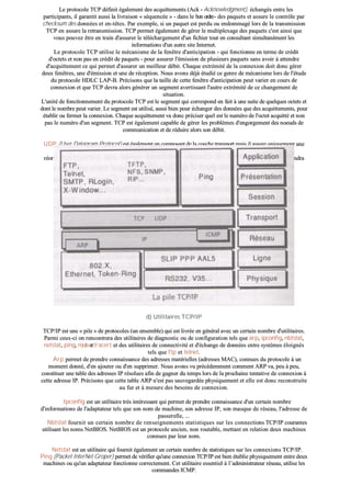 LLee pprroottooccoollee TTCCPP ddééffiinniitt ééggaalleemmeenntt ddeess aaccqquuiitttteemmeennttss ((AAcckk -- AAcckknnoowwlleeddggmmeenntt)),, éécchhaannggééss eennttrree lleess
ppaarrttiicciippaannttss,, iill ggaarraannttiitt aauussssii llaa lliivvrraaiissoonn «« ssééqquueennccééee »» -- ddaannss llee bboonn oorrddrree-- ddeess ppaaqquueettss eett aassssuurree llee ccoonnttrrôôllee ppaarr
cchheecckkssuumm ddeess ddoonnnnééeess eett eenn--ttêêtteess.. PPaarr eexxeemmppllee,, ssii uunn ppaaqquueett eesstt ppeerrdduu oouu eennddoommmmaaggéé lloorrss ddee llaa ttrraannssmmiissssiioonn
TTCCPP eenn aassssuurree llaa rreettrraannssmmiissssiioonn.. TTCCPP ppeerrmmeett ééggaalleemmeenntt ddee ggéérreerr llee mmuullttiipplleexxaaggee ddeess ppaaqquueettss cc''eesstt aaiinnssii qquuee
vvoouuss ppoouuvveezz êêttrree eenn ttrraaiinn dd''aassssuurreerr llee ttéélléécchhaarrggeemmeenntt dd''uunn ffiicchhiieerr ttoouutt eenn ccoonnssuullttaanntt ssiimmuullttaannéémmeenntt lleess
iinnffoorrmmaattiioonnss dd''uunn aauuttrree ssiittee IInntteerrnneett..
LLee pprroottooccoollee TTCCPP uuttiilliissee llee mmééccaanniissmmee ddee llaa ffeennêêttrree dd''aannttiicciippaattiioonn -- qquuii ffoonnccttiioonnnnee eenn tteerrmmee ddee ccrrééddiitt
dd''oocctteettss eett nnoonn ppaass eenn ccrrééddiitt ddee ppaaqquueettss -- ppoouurr aassssuurreerr ll''éémmiissssiioonn ddee pplluussiieeuurrss ppaaqquueettss ssaannss aavvooiirr àà aatttteennddrree
dd''aaccqquuiitttteemmeenntt ccee qquuii ppeerrmmeett dd''aassssuurreerr uunn mmeeiilllleeuurr ddéébbiitt.. CChhaaqquuee eexxttrréémmiittéé ddee llaa ccoonnnneexxiioonn ddooiitt ddoonncc ggéérreerr
ddeeuuxx ffeennêêttrreess,, uunnee dd''éémmiissssiioonn eett uunnee ddee rréécceeppttiioonn.. NNoouuss aavvoonnss ddééjjàà ééttuuddiiéé ccee ggeennrree ddee mmééccaanniissmmee lloorrss ddee ll''ééttuuddee
dduu pprroottooccoollee HHDDLLCC LLAAPP--BB.. PPrréécciissoonnss qquuee llaa ttaaiillllee ddee cceettttee ffeennêêttrree dd''aannttiicciippaattiioonn ppeeuutt vvaarriieerr eenn ccoouurrss ddee
ccoonnnneexxiioonn eett qquuee TTCCPP ddeevvrraa aalloorrss ggéénnéérreerr uunn sseeggmmeenntt aavveerrttiissssaanntt ll''aauuttrree eexxttrréémmiittéé ddee ccee cchhaannggeemmeenntt ddee
ssiittuuaattiioonn..
LL''uunniittéé ddee ffoonnccttiioonnnneemmeenntt dduu pprroottooccoollee TTCCPP eesstt llee sseeggmmeenntt qquuii ccoorrrreessppoonndd eenn ffaaiitt àà uunnee ssuuiittee ddee qquueellqquueess oocctteettss eett
ddoonntt llee nnoommbbrree ppeeuutt vvaarriieerr.. LLee sseeggmmeenntt eesstt uuttiilliisséé,, aauussssii bbiieenn ppoouurr éécchhaannggeerr ddeess ddoonnnnééeess qquuee ddeess aaccqquuiitttteemmeennttss,, ppoouurr
ééttaabblliirr oouu ffeerrmmeerr llaa ccoonnnneexxiioonn.. CChhaaqquuee aaccqquuiitttteemmeenntt vvaa ddoonncc pprréécciisseerr qquueell eesstt llee nnuumméérroo ddee ll''oocctteett aaccqquuiittttéé eett nnoonn
ppaass llee nnuumméérroo dd''uunn sseeggmmeenntt.. TTCCPP eesstt ééggaalleemmeenntt ccaappaabbllee ddee ggéérreerr lleess pprroobbllèèmmeess dd''eennggoorrggeemmeenntt ddeess nnooeeuuddss ddee
ccoommmmuunniiccaattiioonn eett ddee rréédduuiirree aalloorrss ssoonn ddéébbiitt..
UUDDPP ((UUsseerr DDaattaaggrraamm PPrroottooccooll)) eesstt ééggaalleemmeenntt uunn ccoommppoossaanntt ddee llaa ccoouucchhee ttrraannssppoorrtt mmaaiiss iill aassssuurree uunniiqquueemmeenntt uunnee
ttrraannssmmiissssiioonn nnoonn ggaarraannttiiee ddeess ddaattaaggrraammmmeess.. EEnn eeffffeett,, iill nn''uuttiilliissee ppaass dd''aaccccuusséé ddee rréécceeppttiioonn,, nn''aassssuurree ppaass llee
rrééoorrddoonnnnaanncceemmeenntt ddeess ttrraammeess,, nnoonn pplluuss qquuee llee ccoonnttrrôôllee ddee fflluuxx.. CC''eesstt ddoonncc aauu nniivveeaauu aapppplliiccaattiioonn qquu''iill ccoonnvviieennddrraa
dd''aassssuurreerr cceettttee ggeessttiioonn.. IIll eesstt,, ddee ccee ffaaiitt,, ddee mmooiinnss eenn mmooiinnss uuttiilliisséé aauu pprrooffiitt ddee TTCCPP..
dd)) UUttiilliittaaiirreess TTCCPP//IIPP
TTCCPP//IIPP eesstt uunnee «« ppiillee »» ddee pprroottooccoolleess ((uunn eennsseemmbbllee)) qquuii eesstt lliivvrrééee eenn ggéénnéérraall aavveecc uunn cceerrttaaiinn nnoommbbrree dd''uuttiilliittaaiirreess..
PPaarrmmii cceeuuxx--ccii oonn rreennccoonnttrreerraa ddeess uuttiilliittaaiirreess ddee ddiiaaggnnoossttiicc oouu ddee ccoonnffiigguurraattiioonn tteellss qquuee aarrpp,, iippccoonnffiigg,, nnbbttssttaatt,,
nneettssttaatt,, ppiinngg,, rroouutteeeettttrraacceerrtt eett ddeess uuttiilliittaaiirreess ddee ccoonnnneeccttiivviittéé eett dd''éécchhaannggee ddee ddoonnnnééeess eennttrree ssyyssttèèmmeess ééllooiiggnnééss
tteellss qquuee ffttpp eett tteellnneett..
AArrpp ppeerrmmeett ddee pprreennddrree ccoonnnnaaiissssaannccee ddeess aaddrreesssseess mmaattéérriieelllleess ((aaddrreesssseess MMAACC)),, ccoonnnnuueess dduu pprroottooccoollee àà uunn
mmoommeenntt ddoonnnnéé,, dd''eenn aajjoouutteerr oouu dd''eenn ssuupppprriimmeerr.. NNoouuss aavvoonnss vvuu pprrééccééddeemmmmeenntt ccoommmmeenntt AARRPP vvaa,, ppeeuu àà ppeeuu,,
ccoonnssttiittuueerr uunnee ttaabbllee ddeess aaddrreesssseess IIPP rrééssoolluueess aaffiinn ddee ggaaggnneerr dduu tteemmppss lloorrss ddee llaa pprroocchhaaiinnee tteennttaattiivvee ddee ccoonnnneexxiioonn àà
cceettttee aaddrreessssee IIPP.. PPrréécciissoonnss qquuee cceettttee ttaabbllee AARRPP nn''eesstt ppaass ssaauuvveeggaarrddééee pphhyyssiiqquueemmeenntt eett eellllee eesstt ddoonncc rreeccoonnssttrruuiittee
aauu ffuurr eett àà mmeessuurree ddeess bbeessooiinnss ddee ccoonnnneexxiioonn..
IIppccoonnffiigg eesstt uunn uuttiilliittaaiirree ttrrèèss iinnttéérreessssaanntt qquuii ppeerrmmeett ddee pprreennddrree ccoonnnnaaiissssaannccee dd''uunn cceerrttaaiinn nnoommbbrree
dd''iinnffoorrmmaattiioonnss ddee ll''aaddaappttaatteeuurr tteellss qquuee ssoonn nnoomm ddee mmaacchhiinnee,, ssoonn aaddrreessssee IIPP,, ssoonn mmaassqquuee ddee rréésseeaauu,, ll''aaddrreessssee ddee
ppaasssseerreellllee,, ......
NNbbttssttaatt ffoouurrnniitt uunn cceerrttaaiinn nnoommbbrree ddee rreennsseeiiggnneemmeennttss ssttaattiissttiiqquueess ssuurr lleess ccoonnnneeccttiioonnss TTCCPP//IIPP ccoouurraanntteess
uuttiilliissaanntt lleess nnoommss NNeettBBIIOOSS.. NNeettBBIIOOSS eesstt uunn pprroottooccoollee aanncciieenn,, nnoonn rroouuttaabbllee,, mmeettttaanntt eenn rreellaattiioonn ddeeuuxx mmaacchhiinneess
ccoonnnnuueess ppaarr lleeuurr nnoomm..
NNeettssttaatt eesstt uunn uuttiilliittaaiirree qquuii ffoouurrnniitt ééggaalleemmeenntt uunn cceerrttaaiinn nnoommbbrree ddee ssttaattiissttiiqquueess ssuurr lleess ccoonnnneexxiioonnss TTCCPP//IIPP..
PPiinngg ((PPaacckkeett IInntteerrNNeett GGrrooppeerr)) ppeerrmmeett ddee vvéérriiffiieerr qquu''uunnee ccoonnnneexxiioonn TTCCPP//IIPP eesstt bbiieenn ééttaabblliiee pphhyyssiiqquueemmeenntt eennttrree ddeeuuxx
mmaacchhiinneess oouu qquu''uunn aaddaappttaatteeuurr ffoonnccttiioonnnnee ccoorrrreecctteemmeenntt.. CCeett uuttiilliittaaiirree eesssseennttiieell àà ll’’aaddmmiinniissttrraatteeuurr rréésseeaauu,, uuttiilliissee lleess
ccoommmmaannddeess IICCMMPP..
 