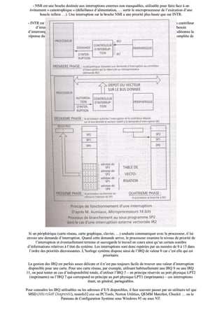-- NNMMII eesstt uunnee bbrroocchhee ddeessttiinnééee aauuxx iinntteerrrruuppttiioonnss eexxtteerrnneess nnoonn mmaassqquuaabblleess,, uuttiilliissaabbllee ppoouurr ffaaiirree ffaaccee àà uunn
éévvèènneemmeenntt «« ccaattaassttrroopphhiiqquuee »» ((ddééffaaiillllaannccee dd’’aalliimmeennttaattiioonn,, …… ssoorrttiirr llee mmiiccrroopprroocceesssseeuurr ddee ll’’eexxééccuuttiioonn dd’’uunnee
bboouuccllee iinnffiinniiee ……)).. UUnnee iinntteerrrruuppttiioonn ssuurr llaa bbrroocchhee NNMMII aa uunnee pprriioorriittéé pplluuss hhaauuttee qquuee ssuurr IINNTTRR..
-- IINNTTRR eesstt uunnee eennttrrééee dd’’iinntteerrrruuppttiioonn eexxtteerrnnee,, mmaassqquuaabbllee,, ddeessttiinnééee àà rreecceevvooiirr llee ssiiggnnaall ggéénnéérréé ppaarr uunn ccoonnttrrôôlleeuurr
dd’’iinntteerrrruuppttiioonn ((88225599AA ppaarr eexxeemmppllee)),, lluuii--mmêêmmee ccoonnnneeccttéé aauuxx ppéérriipphhéérriiqquueess qquuii ppeeuuvveenntt aavvooiirr bbeessooiinn
dd’’iinntteerrrroommpprree llee pprroocceesssseeuurr.. QQuuaanndd IINNTTRR eesstt aaccttiiff,, ll’’ééttaatt dd’’uunn ddeess iinnddiiccaatteeuurrss dduu rreeggiissttrree dd’’ééttaatt ccoonnddiittiioonnnnee llaa
rrééppoonnssee dduu pprroocceesssseeuurr.. LL’’iinntteerrrruuppttiioonn nnee sseerraa ttoouutteeffooiiss pprriissee eenn ccoommppttee qquu’’àà llaa ffiinn ddee ll’’eexxééccuuttiioonn ccoommppllèèttee ddee
ll’’iinnssttrruuccttiioonn eenn ccoouurrss..
SSii uunn ppéérriipphhéérriiqquuee ((ccaarrttee rréésseeaauu,, ccaarrttee ggrraapphhiiqquuee,, ccllaavviieerr,, ……)) ssoouuhhaaiittee ccoommmmuunniiqquueerr aavveecc llee pprroocceesssseeuurr,, iill lluuii
eennvvooiiee uunnee ddeemmaannddee dd’’iinntteerrrruuppttiioonn.. QQuuaanndd cceettttee ddeemmaannddee aarrrriivvee,, llee pprroocceesssseeuurr eexxaammiinnee llee nniivveeaauu ddee pprriioorriittéé ddee
ll’’iinntteerrrruuppttiioonn eett éévveennttuueelllleemmeenntt tteerrmmiinnee eett ssaauuvveeggaarrddee llee ttrraavvaaiill eenn ccoouurrss aaiinnssii qquu’’uunn cceerrttaaiinn nnoommbbrree
dd’’iinnffoorrmmaattiioonnss rreellaattiivveess àà ll’’ééttaatt dduu ssyyssttèèmmee.. LLeess iinntteerrrruuppttiioonnss ssoonntt ddoonncc rreeppéérrééeess ppaarr uunn nnuumméérroo ddee 00 àà 1155 ddaannss
ll’’oorrddrree ddeess pprriioorriittééss ddééccrrooiissssaanntteess.. LL’’hhoorrllooggee ssyyssttèèmmee ddiissppoossee aaiinnssii ddee ll’’IIRRQQ ddee vvaalleeuurr 00 ccaarr cc’’eesstt eellllee qquuii eesstt
pprriioorriittaaiirree..
LLaa ggeessttiioonn ddeess IIRRQQ eesstt ppaarrffooiiss aasssseezz ddéélliiccaattee eett iill nn’’eesstt ppaass ttoouujjoouurrss ffaacciillee ddee ttrroouuvveerr uunnee vvaalleeuurr dd’’iinntteerrrruuppttiioonn
ddiissppoonniibbllee ppoouurr uunnee ccaarrttee.. PPoouurr uunnee ccaarrttee rréésseeaauu,, ppaarr eexxeemmppllee,, uuttiilliissaanntt hhaabbiittuueelllleemmeenntt uunnee IIRRQQ 99 oouu uunnee IIRRQQ
1111,, oonn ppeeuutt tteenntteerr eenn ccaass dd’’iinnddiissppoonniibbiilliittéé ttoottaallee,, dd’’uuttiilliisseerr ll’’IIRRQQ 55 –– eenn pprriinncciippee rréésseerrvvééee aauu ppoorrtt pphhyyssiiqquuee LLPPTT22
((iimmpprriimmaannttee)) oouu ll’’IIRRQQ 77 qquuii ccoorrrreessppoonndd eenn pprriinncciippee aauu ppoorrtt pphhyyssiiqquuee LLPPTT11 ((iimmpprriimmaannttee)) –– cceess iinntteerrrruuppttiioonnss
ééttaanntt,, eenn ggéénnéérraall,, ppaarrttaaggeeaabblleess..
PPoouurr ccoonnnnaaîîttrree lleess IIRRQQ uuttiilliissaabblleess oouu lleess aaddrreesssseess dd’’EE//SS ddiissppoonniibblleess,, iill ffaauutt ssoouuvveenntt ppaasssseerr ppaarr uunn uuttiilliittaaiirree tteell qquuee
MMSSDD ((MMiiccrrooSSoofftt DDiiaaggnnoossttiicc)),, mmssiinnffoo3322..eexxee oouu PPCCTToooollss,, NNoorrttoonn UUttiilliittiieess,, QQEEMMMM MMaanniiffeesstt,, CChheecckkiitt …… oouu llee
PPaannnneeaauu ddee CCoonnffiigguurraattiioonn SSyyssttèèmmee ssoouuss WWiinnddoowwss 9955 oouu ssoouuss NNTT..
 
