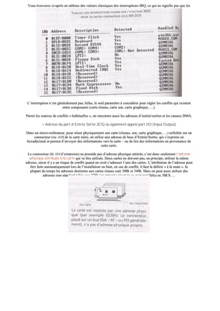 VVoouuss ttrroouuvveerreezz ccii--aapprrèèss uunn ttaabblleeaauu ddeess vvaalleeuurrss ccllaassssiiqquueess ddeess iinntteerrrruuppttiioonnss IIRRQQ,, ccee qquuii nnee ssiiggnniiffiiee ppaass qquuee lleess
iinntteerrrruuppttiioonnss uuttiilliissééeess ssuurr tteelllleess oouu tteellllee mmaacchhiinnee ddooiivveenntt iimmppéérraattiivveemmeenntt êêttrree cceelllleess--ccii !!
LL’’iinntteerrrruuppttiioonn nn’’eesstt ggéénnéérraalleemmeenntt ppaass,, hhééllaass,, llee sseeuull ppaarraammèèttrree àà ccoonnssiiddéérreerr ppoouurr rréégglleerr lleess ccoonnfflliittss qquuii eexxiisstteenntt
eennttrree ccoommppoossaannttss ((ccaarrttee rréésseeaauu,, ccaarrttee ssoonn,, ccaarrttee ggrraapphhiiqquuee,, ……))..
PPaarrmmii lleess ssoouurrcceess ddee ccoonnfflliittss «« hhaabbiittuueelllleess »»,, oonn rreennccoonnttrree aauussssii lleess aaddrreesssseess dd’’eennttrrééee//ssoorrttiieess eett lleess ccaannaauuxx DDMMAA..
>> AAddrreessssee dduu ppoorrtt dd’’EEnnttrrééee SSoorrttiiee ((EE//SS)) oouu ééggaalleemmeenntt aappppeelléé ppoorrtt II//OO ((IInnppuutt OOuuttppuutt))
DDaannss uunn mmiiccrroo--oorrddiinnaatteeuurr,, ppoouurr ssiittuueerr pphhyyssiiqquueemmeenntt uunnee ccaarrttee ((rréésseeaauu,, ssoonn,, ccaarrttee ggrraapphhiiqquuee,, ……)) eennffiicchhééee ssuurr uunn
ccoonnnneecctteeuurr ((oouu sslloott)) ddee llaa ccaarrttee mmèèrree,, oonn uuttiilliissee uunnee aaddrreessssee ddee bbaassee dd’’EEnnttrrééee//SSoorrttiiee,, qquuii ss’’eexxpprriimmee eenn
hheexxaaddéécciimmaall eett ppeerrmmeett dd’’eennvvooyyeerr ddeess iinnffoorrmmaattiioonnss vveerrss llaa ccaarrttee –– oouu ddee lliirree ddeess iinnffoorrmmaattiioonnss eenn pprroovveennaannccee ddee
cceettttee ccaarrttee..
LLee ccoonnnneecctteeuurr ((llee sslloott dd’’eexxtteennssiioonn)) nnee ppoossssèèddee ppaass dd’’aaddrreessssee pphhyyssiiqquuee aattttiittrrééee,, cc’’eesstt ddoonncc sseeuulleemmeenntt ll’’aaddrreessssee
pphhyyssiiqquuee aattttrriibbuuééee àà llaa ccaarrttee qquuii vvaa êêttrree uuttiilliissééee.. DDeeuuxx ccaarrtteess nnee ddooiivveenntt ppaass,, eenn pprriinncciippee,, uuttiilliisseerr llaa mmêêmmee
aaddrreessssee,, ssiinnoonn iill yy aa uunn rriissqquuee ddee ccoonnfflliitt qquuaanndd oonn ccrrooiitt ss’’aaddrreesssseerr ll’’uunnee ddeess ccaarrtteess.. LL’’aattttrriibbuuttiioonn ddee ll’’aaddrreessssee ppeeuutt
êêttrree ffaaiittee aauuttoommaattiiqquueemmeenntt lloorrss ddee ll’’iinnssttaallllaattiioonn oouu bbiieenn,, eenn ccaass ddee ccoonnfflliitt,, iill ffaauutt llaa ddééffiinniirr «« àà llaa mmaaiinn »».. llaa
pplluuppaarrtt dduu tteemmppss lleess aaddrreesssseess ddeessttiinnééeess aauuxx ccaarrtteess rréésseeaauu ssoonntt 330000hh eett 334400hh.. MMaaiiss oonn ppeeuutt aauussssii uuttiilliisseerr ddeess
aaddrreesssseess nnoonn ssttaannddaarrdd tteelllleess qquuee 337788hh ((eenn pprriinncciippee rréésseerrvvééee aauu ppoorrtt ppaarraallllèèllee)) oouu 33BBCChh ……
 