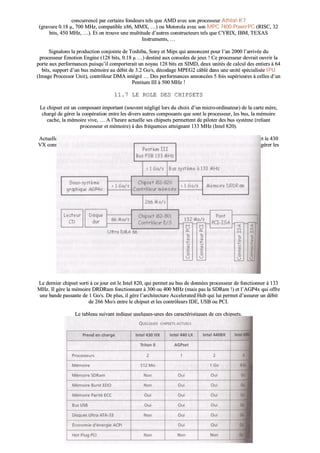 ccoonnccuurrrreennccéé ppaarr cceerrttaaiinnss ffoonnddeeuurrss tteellss qquuee AAMMDD aavveecc ssoonn pprroocceesssseeuurr AAtthhlloonn KK77
((ggrraavvuurree 00..1188 µµ,, 770000 MMHHzz,, ccoommppaattiibbllee xx8866,, MMMMXX,, ……)) oouu MMoottoorroollaa aavveecc ssoonn MMPPCC 77440000--PPoowweerrPPCC ((RRIISSCC,, 3322
bbiittss,, 445500 MMHHzz,, ……)).. EEtt oonn ttrroouuvvee uunnee mmuullttiittuuddee dd’’aauuttrreess ccoonnssttrruucctteeuurrss tteellss qquuee CCYYRRIIXX,, IIBBMM,, TTEEXXAASS
IInnssttrruummeennttss,, ……
SSiiggnnaalloonnss llaa pprroodduuccttiioonn ccoonnjjooiinnttee ddee TToosshhiibbaa,, SSoonnyy eett MMiippss qquuii aannnnoonncceenntt ppoouurr ll’’aann 22000000 ll’’aarrrriivvééee dduu
pprroocceesssseeuurr EEmmoottiioonn EEnnggiinnee ((112288 bbiittss,, 00..1188 µµ ……)) ddeessttiinnéé aauuxx ccoonnssoolleess ddee jjeeuuxx !! CCee pprroocceesssseeuurr ddeevvrraaiitt oouuvvrriirr llaa
ppoorrttee aauuxx ppeerrffoorrmmaanncceess ppuuiissqquu’’iill ccoommppoorrtteerraaiitt uunn nnooyyaauu 112288 bbiittss eenn SSIIMMDD,, ddeeuuxx uunniittééss ddee ccaallccuull ddeess eennttiieerrss àà 6644
bbiittss,, ssuuppppoorrtt dd’’uunn bbuuss mméémmooiirree aauu ddéébbiitt ddee 33..22 GGoo//ss,, ddééccooddaaggee MMPPEEGG22 ccââbblléé ddaannss uunnee uunniittéé ssppéécciiaalliissééee IIPPUU
((IImmaaggee PPrroocceessssoorr UUnniitt)),, ccoonnttrrôôlleeuurr DDMMAA iinnttééggrréé …… DDeess ppeerrffoorrmmaanncceess aannnnoonnccééeess 55 ffooiiss ssuuppéérriieeuurreess àà cceelllleess dd’’uunn
PPeennttiiuumm IIIIII àà 550000 MMHHzz !!
1111..77 LLEE RROOLLEE DDEESS CCHHIIPPSSEETTSS
LLee cchhiippsseett eesstt uunn ccoommppoossaanntt iimmppoorrttaanntt ((ssoouuvveenntt nnéégglliiggéé lloorrss dduu cchhooiixx dd’’uunn mmiiccrroo--oorrddiinnaatteeuurr)) ddee llaa ccaarrttee mmèèrree,,
cchhaarrggéé ddee ggéérreerr llaa ccooooppéérraattiioonn eennttrree lleess ddiivveerrss aauuttrreess ccoommppoossaannttss qquuee ssoonntt llee pprroocceesssseeuurr,, lleess bbuuss,, llaa mméémmooiirree
ccaacchhee,, llaa mméémmooiirree vviivvee,, …… AA ll’’hheeuurree aaccttuueellllee sseess cchhiippsseettss ppeerrmmeetttteenntt ddee ppiillootteerr ddeess bbuuss ssyyssttèèmmee ((rreelliiaanntt
pprroocceesssseeuurr eett mméémmooiirree)) àà ddeess ffrrééqquueenncceess aatttteeiiggnnaanntt 113333 MMHHzz ((IInntteell 882200))..
AAccttuueelllleemmeenntt,, lleess cchhiippsseett lleess pplluuss uuttiilliissééss ssuurr ddeess IInntteell,, ssoonntt llee 443300 HHXX ccoonnnnuu ssoouuss llee nnoomm ddee TTrriittoonn IIII eett llee 443300
VVXX ccoonnnnuu ssoouuss llee nnoomm ddee TTrriittoonn IIIIII,, llee 443300 TTXX eett llee 444444LLXX,, ccoonnnnuu ssoouuss llee nnoomm ddee AAGGPPSS –– ccaappaabbllee ddee ggéérreerr lleess
nnoouuvveeaauuxx bbuuss ggrraapphhiiqquueess AAGGPP..
LLee ddeerrnniieerr cchhiippsseett ssoorrttii àà ccee jjoouurr eesstt llee IInntteell 882200,, qquuii ppeerrmmeett aauu bbuuss ddee ddoonnnnééeess pprroocceesssseeuurr ddee ffoonnccttiioonnnneerr àà 113333
MMHHzz.. IIll ggèèrree llaa mméémmooiirree DDRRDDRRaamm ffoonnccttiioonnnnaanntt àà 330000 oouu 440000 MMHHzz ((mmaaiiss ppaass llaa SSDDRRaamm !!)) eett ll’’AAGGPP44xx qquuii ooffffrree
uunnee bbaannddee ppaassssaannttee ddee 11 GGoo//ss.. DDee pplluuss,, iill ggèèrree ll’’aarrcchhiitteeccttuurree AAcccceelleerraatteedd HHuubb qquuii lluuii ppeerrmmeett dd’’aassssuurreerr uunn ddéébbiitt
ddee 226666 MMoo//ss eennttrree llee cchhiippsseett eett lleess ccoonnttrrôôlleeuurrss IIDDEE,, UUSSBB oouu PPCCII..
LLee ttaabblleeaauu ssuuiivvaanntt iinnddiiqquuee qquueellqquueess--uunneess ddeess ccaarraaccttéérriissttiiqquueess ddee cceess cchhiippsseettss..
 