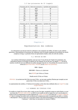 33..33 LLeess ppuuiissssaanncceess ddee 1100 ((rraappppeell))
PPuuiissssaannccee ddee 1100 NNoomm ddee llaa ppuuiissssaannccee SSyymmbboollee ddee llaa ppuuiissssaannccee
110011
ddééccaa ddaa
110022
hheeccttoo hh
110033
kkiilloo kk
110066
mmééggaa MM
110099
ggiiggaa GG
11001122
ttéérraa TT
11001155
ppeettaa PP
11001188
eexxaa EE
PPuuiissssaannccee ddee 1100 NNoomm ddee llaa ppuuiissssaannccee SSyymmbboollee ddee llaa ppuuiissssaannccee
1100--11
ddééccii dd
1100--22
cceennttii cc
1100--33
mmiillllii mm
1100--66
mmiiccrroo µµ ((mmuu))
1100--99
nnaannoo nn
1100--1122
ppiiccoo pp
1100--1155
ffeemmttoo ff
1100--1188
aattttoo aa
CChhaappiittrree 44
RReepprréésseennttaattiioonn ddeess nnoommbbrreess
LLeess iinnffoorrmmaattiioonnss qquuee ddooiivveenntt ttrraaiitteerr lleess oorrddiinnaatteeuurrss ssoonntt ccoommppoossééeess ddee cchhiiffffrreess,, ddee lleettttrreess oouu ddee ssyymmbboolleess
ppaarrttiiccuulliieerrss.. HHiissttoorriiqquueemmeenntt llee bbuutt pprreemmiieerr ddeess oorrddiinnaatteeuurrss ééttaaiitt ddee rrééssoouuddrree rraappiiddeemmeenntt ddeess pprroobbllèèmmeess ddee ccaallccuullss
ccoommpplleexxeess eett lloonnggss.. LLaa pprreemmiièèrree ffoorrmmee ddee rreepprréésseennttaattiioonn ééttuuddiiééee aa ddoonncc ééttéé cceellllee ddeess nnoommbbrreess..
44..11 NNOOTTIIOONN DDEE MMOOTT
LLeess ssyyssttèèmmeess iinnffoorrmmaattiiqquueess mmaanniippuulleenntt,, aaiinnssii qquuee nnoouuss ll’’aavvoonnss ddiitt lloorrss ddee ll’’ééttuuddee ddee llaa nnuumméérraattiioonn,, ddeess
iinnffoorrmmaattiioonnss bbiinnaaiirreess eett ttrraavvaaiilllleenntt eenn ggéénnéérraall ssuurr uunnee lloonngguueeuurr ffiixxee ddee bbiittss qquuee ll’’oonn aappppeellllee mmoott.. SSuuiivvaanntt llaa
mmaacchhiinnee,, llaa ttaaiillllee dduu mmoott sseerraa ddiifffféérreennttee,, lleess ttaaiilllleess ccllaassssiiqquueess ééttaanntt ddee 1166,, 3322 oouu 6644 bbiittss.. OOnn rreennccoonnttrree aauussssii lleess
nnoottiioonnss ddee ddeemmii--mmoott ((HHAALLFF--WWOORRDD)) oouu ddee ddoouubbllee mmoott ((DDWWOORRDD))..
00000000 == QQuuaarrtteett
00000000 00000000 == OOcctteett oouu,, iiccii,, ddeemmii--mmoott
MMoott ((WWOORRDD)) ddee 1166 bbiittss oouu 22 OOcctteettss
DDoouubbllee mmoott ddee 3322 bbiittss oouu 44 OOcctteettss
AAtttteennttiioonn :: iiccii uunn ddeemmii--mmoott ffaaiitt 88 bbiittss eett uunn mmoott 1166 bbiittss ;; ssuurr uunnee aauuttrree mmaacchhiinnee ((PPeennttiiuumm ppaarr eexxeemmppllee)) uunn mmoott
ppoouurrrraa ffaaiirree 3322 bbiittss eett uunn ddeemmii--mmoott 1166 bbiittss,, ……
LLaa rreepprréésseennttaattiioonn ddeess nnoommbbrreess,, àà ll’’iinnttéérriieeuurr ddee llaa mmaacchhiinnee ssee ffaaiitt sseelloonn ddeeuuxx mméétthhooddeess ddiitteess eenn vviirrgguullee ffiixxee eett eenn
vviirrgguullee fflloottttaannttee..
44..22 NNOOMMBBRREESS EENN VVIIRRGGUULLEESS FFIIXXEE
UUnn nnoommbbrree eenn vviirrgguullee ffiixxee eesstt uunnee vvaalleeuurr,, mmuunniiee oouu nnoonn dd’’uunn ssiiggnnee,, eennrreeggiissttrrééee ccoommmmee uunn eennttiieerr bbiinnaaiirree,, oouu ssoouuss
uunnee ffoorrmmee ddiittee ddéécciimmaallee ccooddééee bbiinnaaiirree oouu DDCCBB.. UUnn tteell nnoommbbrree eesstt ddiitt eenn vviirrgguullee ffiixxee ccaarr llee ssooiinn ddee ppllaacceerr llaa
vviirrgguullee rreevviieenntt aauu pprrooggrraammmmeeuurr ((oonn ppaarrllee ééggaalleemmeenntt ddee vviirrgguullee vviirrttuueellllee)),, cc''eesstt--àà--ddiirree qquuee llaa vviirrgguullee nn’’aappppaarraaîîtt
ppaass ddaannss llee ssttoocckkaaggee dduu nnoommbbrree mmaaiiss sseerraa ppllaaccééee ppaarr llee pprrooggrraammmmeeuurr ddaannss llee pprrooggrraammmmee qquuii uuttiilliissee ccee nnoommbbrree,,
«« ddééccoommppoossaanntt »» aaiinnssii llaa vvaalleeuurr lluuee eenn uunnee ppaarrttiiee eennttiièèrree eett uunnee ppaarrttiiee ffrraaccttiioonnnnaaiirree ((cc’’eesstt llee rrôôllee nnoottaammmmeenntt ddee
ll’’iinnddiiccaatteeuurr VV uuttiilliisséé ddaannss lleess ddeessccrriippttiioonnss ddee ddoonnnnééeess CCOOBBOOLL))..
 