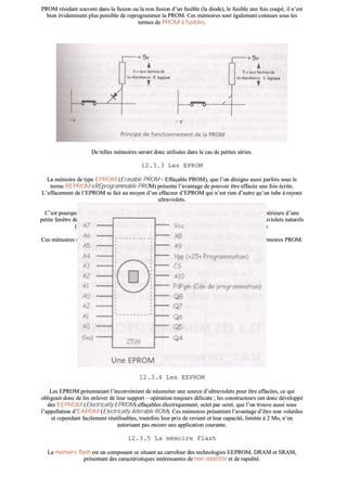 PPRROOMM rrééssiiddaanntt ssoouuvveenntt ddaannss llaa ffuussiioonn oouu llaa nnoonn ffuussiioonn dd’’uunn ffuussiibbllee ((llaa ddiiooddee)),, llee ffuussiibbllee uunnee ffooiiss ccoouuppéé,, iill nn’’eesstt
bbiieenn éévviiddeemmmmeenntt pplluuss ppoossssiibbllee ddee rreepprrooggrraammmmeerr llaa PPRROOMM.. CCeess mméémmooiirreess ssoonntt ééggaalleemmeenntt ccoonnnnuueess ssoouuss lleess
tteerrmmeess ddee PPRROOMM àà ffuussiibblleess..
DDee tteelllleess mméémmooiirreess sseerroonntt ddoonncc uuttiilliissééeess ddaannss llee ccaass ddee ppeettiitteess sséérriieess..
1122..33..33 LLeess EEPPRROOMM
LLaa mméémmooiirree ddee ttyyppee EEPPRROOMM ((EErraassaabbllee PPRROOMM –– EEffffaaççaabbllee PPRROOMM)),, qquuee ll’’oonn ddééssiiggnnee aauussssii ppaarrffooiiss ssoouuss llee
tteerrmmee RREEPPRROOMM ((RREEpprrooggrraammmmaabbllee PPRROOMM)) pprréésseennttee ll’’aavvaannttaaggee ddee ppoouuvvooiirr êêttrree eeffffaaccééee uunnee ffooiiss ééccrriittee..
LL’’eeffffaacceemmeenntt ddee ll’’EEPPRROOMM ssee ffaaiitt aauu mmooyyeenn dd’’uunn eeffffaacceeuurr dd’’EEPPRROOMM qquuii nn’’eesstt rriieenn dd’’aauuttrree qquu’’uunn ttuubbee àà rraayyoonnss
uullttrraavviioolleettss..
CC’’eesstt ppoouurrqquuooii lleess EEPPRROOMM ssee ddiissttiinngguueenntt ddeess aauuttrreess mméémmooiirreess ppaarr llaa pprréésseennccee ssuurr lleeuurr ffaaccee ssuuppéérriieeuurree dd’’uunnee
ppeettiittee ffeennêêttrree ddee qquuaarrttzz,, ssoouuvveenntt oobbttuurrééee ppaarr uunn aaddhhééssiiff ddee mmaanniièèrree àà nnee ppaass êêttrree eexxppoossééee aauuxx uullttrraavviioolleettss nnaattuurreellss
((ssoolleeiill,, nnééoonn,, ……)) qquuii ss’’iinnffiillttrreerraaiieenntt ppaarr lleess iinntteerrssttiicceess dduu bbooîîttiieerr ddee ll’’uunniittéé cceennttrraallee..
CCeess mméémmooiirreess ssoonntt ccoouurraammmmeenntt eemmppllooyyééeess ppoouurr ddee ppeettiitteess sséérriieess eett ppoouurr llaa mmiissee aauu ppooiinntt ddeess mméémmooiirreess PPRROOMM..
1122..33..44 LLeess EEEEPPRROOMM
LLeess EEPPRROOMM pprréésseennttaaiieenntt ll’’iinnccoonnvvéénniieenntt ddee nnéécceessssiitteerr uunnee ssoouurrccee dd’’uullttrraavviioolleettss ppoouurr êêttrree eeffffaaccééeess,, ccee qquuii
oobblliiggeeaaiitt ddoonncc ddee lleess eennlleevveerr ddee lleeuurr ssuuppppoorrtt –– ooppéérraattiioonn ttoouujjoouurrss ddéélliiccaattee ;; lleess ccoonnssttrruucctteeuurrss oonntt ddoonncc ddéévveellooppppéé
ddeess EEEEPPRROOMM ((EElleeccttrriiccaallllyy EEPPRROOMM)) eeffffaaççaabblleess éélleeccttrriiqquueemmeenntt,, oocctteett ppaarr oocctteett,, qquuee ll’’oonn ttrroouuvvee aauussssii ssoouuss
ll’’aappppeellllaattiioonn dd’’EEAARROOMM ((EElleeccttrriiccaallllyy AAlltteerraabbllee RROOMM)).. CCeess mméémmooiirreess pprréésseenntteenntt ll’’aavvaannttaaggee dd’’êêttrree nnoonn vvoollaattiilleess
eett cceeppeennddaanntt ffaacciilleemmeenntt rrééuuttiilliissaabblleess,, ttoouutteeffooiiss lleeuurr pprriixx ddee rreevviieenntt eett lleeuurr ccaappaacciittéé,, lliimmiittééee àà 22 MMoo,, nn’’eenn
aauuttoorriissaanntt ppaass eennccoorree uunnee aapppplliiccaattiioonn ccoouurraannttee..
1122..33..55 LLaa mméémmooiirree FFllaasshh
LLaa mméémmooiirree ffllaasshh eesstt uunn ccoommppoossaanntt ssee ssiittuuaanntt aauu ccaarrrreeffoouurr ddeess tteecchhnnoollooggiieess EEEEPPRROOMM,, DDRRAAMM eett SSRRAAMM,,
pprréésseennttaanntt ddeess ccaarraaccttéérriissttiiqquueess iinnttéérreessssaanntteess ddee nnoonn vvoollaattiilliittéé eett ddee rraappiiddiittéé..
 