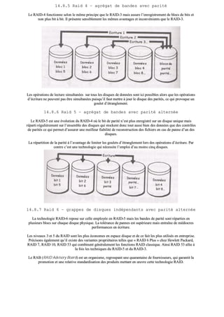 1144..88..55 RRaaiidd 44 –– aaggrrééggaatt ddee bbaannddeess aavveecc ppaarriittéé
LLee RRAAIIDD--44 ffoonnccttiioonnnnee sseelloonn llee mmêêmmee pprriinncciippee qquuee llee RRAAIIDD--33 mmaaiiss aassssuurree ll’’eennrreeggiissttrreemmeenntt ddee bbllooccss ddee bbiittss eett
nnoonn pplluuss bbiitt àà bbiitt.. IIll pprréésseennttee sseennssiibblleemmeenntt lleess mmêêmmeess aavvaannttaaggeess eett iinnccoonnvvéénniieennttss qquuee llee RRAAIIDD--33..
LLeess ooppéérraattiioonnss ddee lleeccttuurree ssiimmuullttaannééeess ssuurr ttoouuss lleess ddiissqquueess ddee ddoonnnnééeess ssoonntt iiccii ppoossssiibblleess aalloorrss qquuee lleess ooppéérraattiioonnss
dd’’ééccrriittuurree nnee ppeeuuvveenntt ppaass êêttrree ssiimmuullttaannééeess ppuuiissqquu’’iill ffaauutt mmeettttrree àà jjoouurr llee ddiissqquuee ddeess ppaarriittééss,, ccee qquuii pprroovvooqquuee uunn
ggoouulleett dd’’ééttrraanngglleemmeenntt..
1144..88..66 RRaaiidd 55 –– aaggrrééggaatt ddee bbaannddeess aavveecc ppaarriittéé aalltteerrnnééee
LLee RRAAIIDD--55 eesstt uunnee éévvoolluuttiioonn dduu RRAAIIDD--44 ooùù llee bbiitt ddee ppaarriittéé nn’’eesstt pplluuss eennrreeggiissttrréé ssuurr uunn ddiissqquuee uunniiqquuee mmaaiiss
rrééppaarrttii rréégguulliièèrreemmeenntt ssuurr ll’’eennsseemmbbllee ddeess ddiissqquueess qquuii ssttoocckkeenntt ddoonncc ttoouutt aauussssii bbiieenn ddeess ddoonnnnééeess qquuee ddeess ccoonnttrrôôlleess
ddee ppaarriittééss ccee qquuii ppeerrmmeett dd’’aassssuurreerr uunnee mmeeiilllleeuurr ffiiaabbiilliittéé ddee rreeccoonnssttrruuccttiioonn ddeess ffiicchhiieerrss eenn ccaass ddee ppaannnnee dd’’uunn ddeess
ddiissqquueess..
LLaa rrééppaarrttiittiioonn ddee llaa ppaarriittéé àà ll’’aavvaannttaaggee ddee lliimmiitteerr lleess ggoouulleettss dd’’ééttrraanngglleemmeenntt lloorrss ddeess ooppéérraattiioonnss dd’’ééccrriittuurree.. PPaarr
ccoonnttrree cc’’eesstt uunnee tteecchhnnoollooggiiee qquuii nnéécceessssiittee ll’’eemmppllooii dd’’aauu mmooiinnss cciinnqq ddiissqquueess..
1144..88..77 RRaaiidd 66 –– ggrraappppeess ddee ddiissqquueess iinnddééppeennddaannttss aavveecc ppaarriittéé aalltteerrnnééee
LLaa tteecchhnnoollooggiiee RRAAIIDD--66 rreeppoossee ssuurr cceellllee eemmppllooyyééee eenn RRAAIIDD--55 mmaaiiss lleess bbaannddeess ddee ppaarriittéé ssoonntt rrééppaarrttiieess eenn
pplluussiieeuurrss bbllooccss ssuurr cchhaaqquuee ddiissqquuee pphhyyssiiqquuee.. LLaa ttoolléérraannccee ddee ppaannnneess eesstt ssuuppéérriieeuurree mmaaiiss eennttrraaîînnee ddee mmééddiiooccrreess
ppeerrffoorrmmaanncceess eenn ééccrriittuurree..
LLeess nniivveeaauuxx 33 eett 55 dduu RRAAIIDD ssoonntt lleess pplluuss ééccoonnoommeess eenn eessppaaccee ddiissqquuee eett ddee ccee ffaaiitt lleess pplluuss uuttiilliissééss eenn eennttrreepprriissee..
PPrréécciissoonnss ééggaalleemmeenntt qquu’’iill eexxiissttee ddeess vvaarriiaanntteess pprroopprriiééttaaiirreess tteelllleess qquuee «« RRAAIIDD 66 PPlluuss »» cchheezz HHeewwlleetttt PPaacckkaarrdd,,
RRAAIIDD 77,, RRAAIIDD 1100,, RRAAIIDD 5533 qquuii ccoommbbiinneenntt ggéénnéérraalleemmeenntt lleess ffoonnccttiioonnss RRAAIIDD ccllaassssiiqquuee.. AAiinnssii RRAAIIDD 5533 aalllliiee àà
llaa ffooiiss lleess tteecchhnniiqquueess dduu RRAAIIDD--55 eett dduu RRAAIIDD--33..
LLee RRAABB ((RRAAIIDD AAddvviissoorryy BBooaarrdd)) eesstt uunn oorrggaanniissmmee,, rreeggrroouuppaanntt uunnee qquuaarraannttaaiinnee ddee ffoouurrnniisssseeuurrss,, qquuii ggaarraannttiitt llaa
pprroommoottiioonn eett uunnee rreellaattiivvee ssttaannddaarrddiissaattiioonn ddeess pprroodduuiittss mmeettttaanntt eenn œœuuvvrree cceettttee tteecchhnnoollooggiiee RRAAIIDD..
 