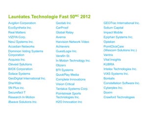 Avigilon Corporation
EcoSynthetix Inc.
Real Matters
VIZIYA Corp.
NexJ Systems Inc.
Accedian Networks
Dominion Voting Systems
Corporation
Acquisio Inc.
Clevest Solutions
BIOX Corporation
Solace Systems
GeoDigital International Inc.
SherWeb
5N Plus inc.
Securefact T
Research In Motion
iBwave Solutions Inc.
Geotab Inc
CarProof
Global Relay
Averna
Haivision Network Video
Achievers
GuestLogix Inc.
Verafin St.
In Motion Technology Inc.
Obzerv
BTI Systems
QuickPlay Media
Complete Innovations
Vision Critical
Tantalus Systems Corp.
Pointstreak Sports
Technologies Inc.
H2O Innovation Inc
GEOTrac International Inc.
Solium Capital
Impact Mobile
Epiphan Systems Inc.
Optelian
PointClickCare
(Wescom Solutions Inc.)
Vantrix
Vital Insights
KUBRA
Intelex Technologies Inc.
ViXS Systems Inc.
Boréalis
Constellation Software Inc.
Cyberplex Inc.
Doxim
Crawford Technologies
Lauréates Technologie Fast 50MC
2012
 