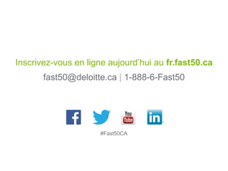 Inscrivez-vous en ligne aujourd’hui au fr.fast50.ca
fast50@deloitte.ca | 1-888-6-Fast50
#Fast50CA
 