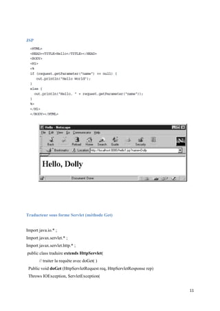 11
JSP
Traducteur sous forme Servlet (méthode Get)
Import java.io.* ;
Import javax.servlet.* ;
Import javax.servlet.http.* ;
public class traduire extends HttpServlet(
// traiter la requête avec doGet( )
Public void doGet (HttpServletRequest req, HttpServletResponse rep)
Throws IOException, ServletException(
 