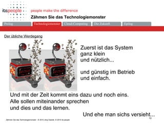 Die ZukunftCloud-ComputingProlog Technologiemonster Epilog
10
Zähmen Sie das Technologiemonster - © 2010 Jörg Osarek, © 2010 its-people
Zähmen Sie das Technologiemonster
Der übliche Werdegang
Zuerst ist das System
ganz klein
und nützlich...
und günstig im Betrieb
und einfach.
Und mit der Zeit kommt eins dazu und noch eins.
Alle sollen miteinander sprechen
und dies und das lernen.
Und ehe man sichs versieht...
Technologiemonster
 