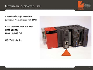 M ITSUBISHI C C ONTROLLER


Automatisierungshardware
(immer in Kombination mit SPS)


CPU: Renesas SH4, 400 MHz
RAM: 256 MB
Flash: ≤ 4 GB CF


OS: VxWorks 6.x




                                 11
 