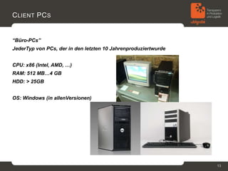 C LIENT PC S


“Büro-PCs”
JederTyp von PCs, der in den letzten 10 Jahrenproduziertwurde


CPU: x86 (Intel, AMD, …)
RAM: 512 MB…4 GB
HDD: > 25GB


OS: Windows (in allenVersionen)




                                                                13
 
