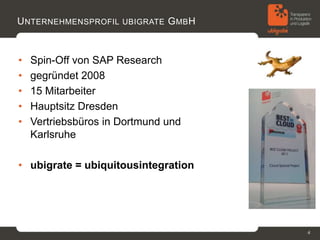 U NTERNEHMENSPROFIL UBIGRATE G MB H



•   Spin-Off von SAP Research
•   gegründet 2008
•   15 Mitarbeiter
•   Hauptsitz Dresden
•   Vertriebsbüros in Dortmund und
    Karlsruhe

• ubigrate = ubiquitousintegration




                                      4
 
