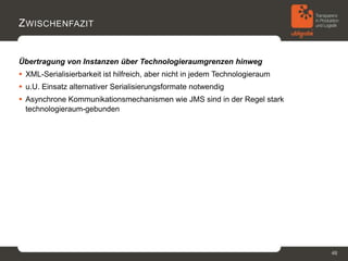 Z WISCHENFAZIT


Übertragung von Instanzen über Technologieraumgrenzen hinweg
 XML-Serialisierbarkeit ist hilfreich, aber nicht in jedem Technologieraum
 u.U. Einsatz alternativer Serialisierungsformate notwendig
 Asynchrone Kommunikationsmechanismen wie JMS sind in der Regel stark
  technologieraum-gebunden




                                                                              46
 