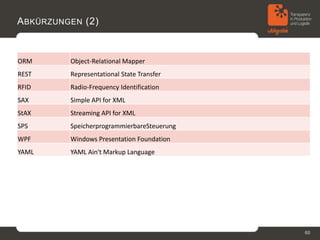 A BKÜRZUNGEN (2)


ORM       Object-Relational Mapper
REST      Representational State Transfer
RFID      Radio-Frequency Identification
SAX       Simple API for XML
StAX      Streaming API for XML
SPS       SpeicherprogrammierbareSteuerung
WPF       Windows Presentation Foundation
YAML      YAML Ain't Markup Language




                                             60
 