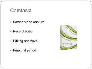CamtasiaScreen video captureRecord audioEditing and saveFree trial period