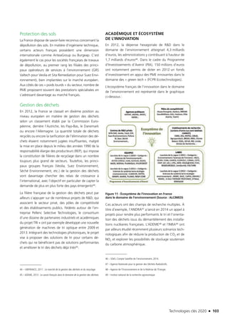 Technologies clés 2020 n 103
Protection des sols
La France dispose de savoir-faire reconnus concernant la
dépollution des sols. En matière d’ingénierie technique,
certains acteurs français possèdent une dimension
internationale comme AnteaGroup ou Burgeap. C’est
également le cas pour les sociétés françaises de travaux
de dépollution, au premier rang les filiales des princi-
paux opérateurs de services à l’environnement (GRS
Valtech pour Veolia et Sita Remediation pour Suez Envi-
ronnement), bien implantées sur le marché européen.
Aux côtés de ces « poids lourds » du secteur, nombre de
PME proposent souvent des prestations spécialisées en
s’adressant davantage au marché français.
Gestion des déchets
En 2012, la France se classait en dixième position au
niveau européen en matière de gestion des déchets
selon un classement établi par la Commission Euro-
péenne, derrière l’Autriche, les Pays-Bas, le Danemark
ou encore l’Allemagne. La quantité totale de déchets
recyclés ou encore la tarification de l’élimination des dé-
chets étaient notamment jugées insuffisantes, malgré
la mise en place depuis le milieu des années 1990 de la
responsabilité élargie des producteurs (REP), qui impose
la constitution de filières de recyclage dans un nombre
toujours plus grand de secteurs. Toutefois, les princi-
paux groupes français (Veolia, Suez Environnement,
Séché Environnement, etc.) de la gestion des déchets
vont davantage chercher des relais de croissance à
l’international, avec l’objectif en particulier de capter la
demande de plus en plus forte des pays émergents44.
La filière française de la gestion des déchets peut par
ailleurs s’appuyer sur de nombreux projets de R&D, qui
associent le secteur privé, des pôles de compétitivité
et des établissements publics. Fédérés autour de l’en-
treprise Pellenc Selective Technologies, le consortium
d’une dizaine de partenaires industriels et académiques
du projet TRI + ont par exemple développé une nouvelle
génération de machines de tri optique entre 2009 et
2013. Intégrant des technologies photoniques, le projet
vise à proposer des solutions de tri pour certains dé-
chets qui ne bénéficient pas de solutions performantes
et améliorer le tri des déchets déjà triés45.
44 – UBIFRANCE, 2011 : Le marché de la gestion des déchets et du recyclage.
45 – ADEME, 2013 : Le savoir-français dans le domaine de la gestion des déchets.
ACADÉMIQUE ET ÉCOSYSTÈME
DE L’INNOVATION
En 2012, la dépense hexagonale de R&D dans le
domaine de l’environnement atteignait 4,3 milliards
d’euros, les administrations y contribuant à hauteur de
1,7 milliards d’euros46. Dans le cadre du Programme
d’Investissements d’Avenir (PIA), 150 millions d’euros
ont notamment permis de doter en 2012 un fonds
d’investissement en appui des PME innovantes dans le
domaine des « green tech » (FCPR Ecotechnologies).
L’écosystème français de l’innovation dans le domaine
de l’environnement est représenté dans le graphique
ci-dessous :
Figure 11 : Écosystème de l’innovation en France
dans le domaine de l’environnement (Source : ALCIMED)
Ces acteurs ont des champs de recherche multiples. À
titre d’exemple, l’ANDRA47 a lancé en 2014 un appel à
projets pour rendre plus performants le tri et l’orienta-
tion des déchets issus du démantèlement des installa-
tions nucléaires françaises. L’ADEME48 et l’INRA49 ont
par ailleurs étudié récemment plusieurs scénarios tech-
nologiques afin de réduire la production de CO2 et de
NO2 et explorer les possibilités de stockage souterrain
du carbone atmosphérique.
46 – SOeS, Compte Satellite de l’environnement, 2014.
47 – Agence Nationale pour la gestion des Déchets RadioActifs.
48 – Agence de l’Environnement et de la Maîtrise de l’Energie.
49 – Institut national de la recherche agronomique.
TC2020.indd 103 4/28/16 3:47 PM
 