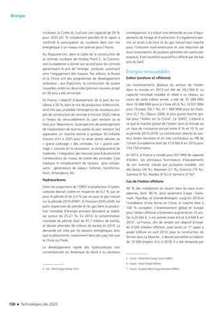 130 n Technologies clés 2020
Énergie
nucléaire, la Corée du Sud vise une capacité de 29 %
pour 2035 (41 % initialement planifié) et le Japon a
confirmé la participation du nucléaire dans son mix
énergétique à un niveau non précisé pour l’heure.
Au Royaume-Uni, dans le cadre de la construction de
la centrale nucléaire de Hinkley Point C, la Commis-
sion Européenne a donné son accord pour les contrats
garantissant le prix de l’énergie produite, autorisant
ainsi l’engagement des travaux. Par ailleurs, la Russie
et la Chine ont des programmes de développement
ambitieux ; aux États-Unis, la construction de quatre
nouvelles unités sur deux sites (premier nouveau projet
en 30 ans) a été annoncée.
En France, l’objectif d’abaissement de la part du nu-
cléaire à 50 % dans le mix de production d’électricité,
rend très peu probable l’émergence de nouveaux pro-
jets de construction de centrale à horizon 2020, même
si l’enjeu du renouvellement du parc existant va se
faire jour. Néanmoins, la perspective de prolongement
de l’exploitation de tout ou partie du parc existant, fait
apparaître un marché estimé à quelque 50 milliards
d’euros d’ici à 2025 pour la seule partie allouée au
« grand carénage » des centrales. Ce « grand caré-
nage » consiste en la rénovation, le remplacement de
matériels, l’intégration des mesures post-Fukushima et
l’amélioration du niveau de sûreté des centrales. Cela
implique le remplacement de certains  gros compo-
sants : générateurs de vapeur, turbines, transforma-
teurs, échangeurs, etc.
Hydrocarbures
Selon les projections de l’OPEP, la production d’hydro-
carbures devrait croître en moyenne de 0,7 % par an
pour le pétrole et de 2,4 % par an pour le gaz naturel
sur la période 2010-20404. À l’horizon 2035-2040, les
parts respectives du pétrole et du gaz dans la produc-
tion mondiale d’énergie primaire devraient se stabili-
ser autour de 25-27 %. En 2014, la consommation
mondiale de pétrole était de 91,1 millions de barils/j,
et devrait atteindre 96 millions de barils/j en 2019. La
demande est tirée par les besoins énergétiques ainsi
que la pétrochimie, notamment dans des pays tels que
la Chine ou l’Inde.
Le développement rapide des hydrocarbures non
conventionnels en Amérique du Nord a eu plusieurs
4 – AIE : World Energy Outlook, 2014.
conséquences. Il a induit une demande accrue d’équi-
pements de forage et d’extraction. Il a également per-
mis un accès à du brut et du gaz naturel bon marché
pour l’industrie nord-américaine et une réduction de
leurs importations de produits pétroliers (en particulier
essence). Il est toutefois aujourd’hui affecté par les bas
prix du baril.
Énergies renouvelables
Eolien (onshore et offshore)
Les investissements globaux du secteur de l’éolien
dans le monde en 2013 ont été de 59,2 Md €. La
capacité mondiale installée et reliée à un réseau, au
cours de cette même année, a été de 35 289 MW
dont 16 088 MW pour la Chine (45,6 %), 12 031 MW
pour l’Europe (34,1 %), et 1 084 MW pour les États-
Unis (3,1 %). Depuis 2009, le plus grand marché glo-
bal pour l’éolien est la Chine5. Le GWEC s’attend à
ce que le marché global de l’éolien dans le monde ait
un taux de croissance annuel entre 6 % et 10 % sur
la période 2015-2018. La contribution directe du sec-
teur éolien (terrestre et en mer confondus) au PIB de
l’Union Européenne était de 17,6 Md € en 2010 pour
154 150 emplois.
En 2013, la France a installé pour 631 MW de capacité
d’éolien. Les principaux fournisseurs d’équipements
de son marché, classés par puissance installée, ont
été Vestas (39 %), Repower (21 %), Enercon (19 %),
Gamesa (9 %), Nordex (9 %) et Siemens (3 %)6.
Cas de l’éolien offshore
90 % des installations se situent dans les eaux euro-
péennes, dont 80 % pour seulement 3 pays : Dane-
mark, Pays-Bas, et Grande-Bretagne. Jusqu’en 2010 et
l’installation d’une ferme en Chine, le marché était à
100 % européen. L’investissement global en Europe
pour l’éolien offshore a fortement augmenté en 10 ans.
De 0,25 Md €, il est estimé entre 4,6 et 6,4 Md € en
20137. La France, afin de remplir son objectif d’instal-
ler 6 GW d’éolien offshore, avait lancé un 1er appel à
projet (clôturé en avril 2012) pour la construction de
fermes dans La Manche ; il devrait permettre la création
de 10 000 emplois d’ici à 2018. Il a été remporté par
5 – Source : Global Wind Energy Council (GWEC).
6 – Source : France Énergie Eolienne.
7 – Source : European Wind Energy Association (EWEA).
TC2020.indd 130 4/28/16 3:47 PM
 
