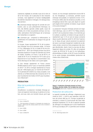 132 n Technologies clés 2020
Énergie
(substances végétales et animales issues de la terre et
de la mer inclues), de la sylviculture et des industries
connexes, mais également la fraction biodégradable
des déchets industriels et ménagers. On distingue deux
sous-secteurs :
■■ La biomasse énergie regroupe les activités de com-
bustion, avec ou sans prétraitement thermique, du
bois, des déchets agricoles solides (paille, issues de
céréales, etc.) et des sous-produits animaux. Les nou-
velles valorisations thermochimiques de la biomasse
sont rattachées à ce segment.
■■ La biomasse gaz  comprend la méthanisation, la
gazéification et la valorisation du biogaz et du gaz de
synthèse.
En Europe, 4 pays représentent 50 % de la produc-
tion d’énergie issue de la biomasse solide : la France
(17 %), l’Allemagne (16 %), la Suède (9 %) et la Fin-
lande (8 %)13. 80 % de l’énergie primaire issue de la
biomasse produite en Europe est valorisée sous forme
de chaleur. Toutefois, en France, il est de 90 %, en
Suède de 87 % et en Finlande de 79 % alors qu’au
Royaume-Uni et aux Pays-Bas la consommation sous
forme électrique et de chaleur sont à parts égales.
Le bois énergie représentait en France environ
60 000 emplois en 201214 pour un marché de 2,8 Md €
en 201215. En 2013, le biogaz représentait en France
plus de 1 640 emplois pour un marché de 410 M €16.
Sur la période 2013-2020 et au niveau européen, il est
attendu sur la filière biomasse des croissances de 31 %
pour la production de chaleur et 54 % pour la produc-
tion d’électricité17.
PRODUCTION
Bilan de la production d’énergie
primaire
Actuellement, la production mondiale d’énergie pri-
maire est largement dominée par le pétrole et le char-
bon, ainsi que, dans une moindre mesure, par le gaz
13 – Source : EurObserv’ER.
14 – Pôle interministériel de Prospective et d’anticipation des mutations éco-
nomiques : Marché actuel des nouveaux produits issus du bois et évolutions à
échéance 2020.
15 – Source :ADEME.
16 – Source :ADEME.
17 – Source : EurObserv’ER.
naturel, ces trois énergies représentant environ 80 %
du mix énergétique. La biomasse, première source
d’énergie renouvelable, en représente environ 10 %.
À l’horizon 2040, selon les tendances actuelles, ce mix
énergétique devrait être à peu près réparti en quatre
parts égales entre le pétrole, le charbon, le gaz naturel
et les autres énergies18.
La production française d’énergie primaire est large-
ment électrique, avec en 2014 113,7 Mtep produits,
soit 82 % de la production totale, et est dominée par
le nucléaire. Le pétrole, le charbon et le gaz naturel ne
représentent que 1,5 % et sont en baisse constante
depuis quatre décennies (arrêt fin 2013 de l’injection
sur le réseau de gaz naturel provenant du gisement
de Lacq). Le principal changement notable de ces der-
nières années concerne la forte progression des éner-
gies décarbonées. Après n’avoir eu que peu de déve-
loppement depuis les années 70, elles ont progressé
à partir de 2010 de 53 % pour le trio hydraulique,
photovoltaïque et éolien, et de 20 % pour les déchets
et les autres énergies renouvelables (production de
chaleur et/ou d’électricité).
Figure 3 : Production d’énergie primaire en France
(en Mtep, données réelles, non corrigées des variations
climatiques) [calculs SoeS, d’après les sources par énergies]
Production de carburants
La capacité mondiale de raffinage a légèrement aug-
menté en 2012 : + 0,8 %, pour atteindre 4 435 mil-
lions de tonnes (Mt) par an. L’Europe occidentale et
orientale (y compris la Communauté des États Indé-
pendants) représente 27,5 % de la capacité mondiale
de raffinage et est dépassée par la zone Asie/Océanie
(29 %) qui est depuis 2011, la première zone mondiale
18 – AIE : World Energy Outlook 2014.
TC2020.indd 132 4/28/16 3:47 PM
 