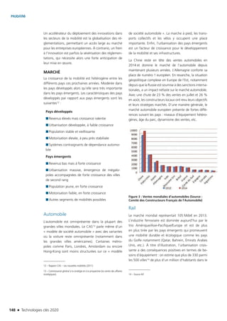 148 n Technologies clés 2020
Mobilité
Un accélérateur du déploiement des innovations dans
les secteurs de la mobilité est la globalisation des ré-
glementations, permettant un accès large au marché
pour les entreprises européennes. À contrario, un frein
à l’innovation est parfois la sévérisation des réglemen-
tations, qui nécessite alors une forte anticipation de
leur mise en œuvre.
MARCHÉ
La croissance de la mobilité est hétérogène entre les
différents pays ces prochaines années. Modérée dans
les pays développés alors qu’elle sera très importante
dans les pays émergents. Les caractéristiques des pays
développés par rapport aux pays émergents sont les
suivantes12 :
Pays développés
■■ Revenus élevés mais croissance ralentie
■■ Urbanisation développée, à faible croissance
■■ Population stable et vieillissante
■■ Motorisation élevée, à peu près stabilisée
■■ Systèmes contraignants de dépendance automo-
bile
Pays émergents
■■ Revenus bas mais à forte croissance
■■ Urbanisation massive, émergence de mégalo-
poles accompagnées de forte croissance des villes
de second rang
■■ Population jeune, en forte croissance
■■ Motorisation faible, en forte croissance
■■ Autres segments de mobilités possibles
Automobile
L’automobile est omniprésente dans la plupart des
grandes villes mondiales. Le CAS13 parle même d’un
« modèle de société automobile » avec des variantes
où la voiture reste omniprésente (notamment dans
les grandes villes américaines). Certaines métro-
poles comme Paris, Londres, Amsterdam ou encore
Hong-Kong sont moins structurées sur ce « modèle
12 – Rapport CAS – Les nouvelles mobilités (2011)
13 – Commissariat général à la stratégie et à la prospective (ex centre des affaires
stratégiques).
de société automobile ». La marche à pied, les trans-
ports collectifs et les vélos y occupent une place
importante. Enfin, l’urbanisation des pays émergents
est un facteur de croissance pour le développement
de la mobilité et ses infrastructures.
La Chine reste en tête des ventes automobiles en
2014 et domine le marché de l’automobile depuis
maintenant plusieurs années. L’Allemagne conforte sa
place de numéro 1 européen. En revanche, la situation
géopolitique complexe en Europe de l’Est, notamment
depuis que la Russie est soumise à des sanctions interna-
tionales, a un impact néfaste sur le marché automobile.
Avec une chute de 23 % des ventes en juillet et 26 %
en août, les constructeurs locaux ont revu leurs objectifs
et leurs stratégies marchés. D’une manière générale, le
marché automobile européen présente de fortes diffé-
rences suivant les pays : niveaux d’équipement hétéro-
gènes, âge du parc, dynamisme des ventes, etc.
Figure 3 : Ventes mondiales d’automobiles (Source :
Comité des Constructeurs Français de l’Automobile)
Rail
Le marché mondial représentait 105 Mds€ en 2013.
L’industrie ferroviaire est dominée aujourd’hui par le
trio Amérique/Asie-Pacifique/Europe et est de plus
en plus tirée par les pays émergents qui promeuvent
une mobilité durable et écologique comme les pays
du Golfe notamment (Qatar, Bahrein, Émirats Arabes
Unis, etc.). À titre d’illustration, l’urbanisation crois-
sante a des conséquences positives en termes de be-
soins d’équipement : on estime que plus de 330 parmi
les 500 villes14 de plus d’un million d’habitants dans le
14 – Source AIF
TC2020.indd 148 4/28/16 3:47 PM
 