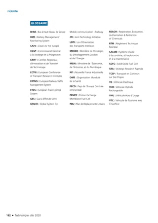 162 n Technologies clés 2020
Mobilité
GLOSSAIRE
BHNS : Bus à Haut Niveau de Service
BMS : Battery Management/
Monitoring System
CAFE : Clean Air For Europe
CGSP : Commissariat Général
à la Stratégie et la Prospective
CRITT : Centres Régionaux
d’Innovation et de Transfert
de Technologie
ECTRI : European Conference
of Transport Research Institutes
ERTMS : European Railway Traffic
Management System
ETCS : European Train Control
System
GES : Gaz à Effet de Serre
GSM-R : Global System for
Mobile communication - Railway
JTI : Joint Technology Initiative
LOTI : Loi d’Orientation
des Transports Intérieurs
MEDDE : Ministère de l’Écologie,
du Développement Durable
et de l’Énergie
MEIN : Ministère de l’Économie,
de l’Industrie, et du Numérique
NFI : Nouvelle France Industrielle
OMS : Organisation Mondiale
de la Santé
PECO : Pays de l’Europe Centrale
et Orientale
PEMFC : Proton Exchange
Membrane Fuel Cell
PDU : Plan de Déplacements Urbains
REACH : Registration, Evaluation,
Authorization  Restriction
of Chemicals
RTM : Règlement Technique
Mondial
SACEM : Système d’aide
à la conduite, à l’exploitation
et à la maintenance
SOFC : Solid Oxide Fuel Cell
SRA : Strategic Research Agenda
TCSP : Transport en Commun
sur Site Propre
VE : Véhicule Électrique
VHR : Véhicule Hybride
Rechargeable
VHU : Véhicule Hors d’Usage
VTC : Véhicule de Tourisme avec
Chauffeur
TC2020.indd 162 4/28/16 3:47 PM
 