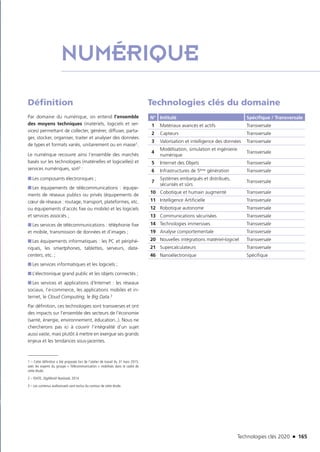 Technologies clés 2020 n 165
NUMÉRIQUE
Définition
Par domaine du numérique, on entend l’ensemble
des moyens techniques (matériels, logiciels et ser-
vices) permettant de collecter, générer, diffuser, parta-
ger, stocker, organiser, traiter et analyser des données
de types et formats variés, unitairement ou en masse1.
Le numérique recouvre ainsi l’ensemble des marchés
basés sur les technologies (matérielles et logicielles) et
services numériques, soit2 :
■■ Les composants électroniques ;
■■ Les équipements de télécommunications : équipe-
ments de réseaux publics ou privés (équipements de
cœur de réseaux : routage, transport, plateformes, etc.
ou équipements d’accès fixe ou mobile) et les logiciels
et services associés ;
■■ Les services de télécommunications : téléphonie fixe
et mobile, transmission de données et d’images ;
■■ Les équipements informatiques : les PC et périphé-
riques, les smartphones, tablettes, serveurs, data­
centers, etc. ;
■■ Les services informatiques et les logiciels ;
■■ L’électronique grand public et les objets connectés ;
■■ Les services et applications d’Internet : les réseaux
sociaux, l’e-commerce, les applications mobiles et in-
ternet, le Cloud Computing, le Big Data.3
Par définition, ces technologies sont transverses et ont
des impacts sur l’ensemble des secteurs de l’économie
(santé, énergie, environnement, éducation..). Nous ne
chercherons pas ici à couvrir l’intégralité d’un sujet
aussi vaste, mais plutôt à mettre en exergue ses grands
enjeux et les tendances sous-jacentes.
1 – Cette définition a été proposée lors de l’atelier de travail du 31 mars 2015,
avec les experts du groupe « Télécommunication » mobilisés dans le cadre de
cette étude.
2 – IDATE, DigiWorld Yearbook, 2014
3 – Les contenus audiovisuels sont exclus du contour de cette étude.
Technologies clés du domaine
N° Intitulé Spécifique / Transversale
1 Matériaux avancés et actifs Transversale
2 Capteurs Transversale
3 Valorisation et intelligence des données Transversale
4
Modélisation, simulation et ingénierie
numérique
Transversale
5 Internet des Objets Transversale
6 Infrastructures de 5ème génération Transversale
7
Systèmes embarqués et distribués,
sécurisés et sûrs
Transversale
10 Cobotique et humain augmenté Transversale
11 Intelligence Artificielle Transversale
12 Robotique autonome Transversale
13 Communications sécurisées Transversale
14 Technologies immersives Transversale
19 Analyse comportementale Transversale
20 Nouvelles intégrations matériel-logiciel Transversale
21 Supercalculateurs Transversale
46 Nanoélectronique Spécifique
©Fotolia
TC2020.indd 165 4/28/16 3:47 PM
 