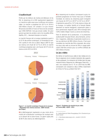 200 n Technologies clés 2020
Loisirs et culture
L’audiovisuel
Portés par les éditeurs de chaînes de télévision et les
FAI, le streaming et la VOD représentent également
un marché en plein essor pour la diffusion de contenu
vidéo. Le marché a progressé de 3,8 % en 2014 à
250 millions d’euros. On compte à ce jour environ
90 services de VOD en France et force est de constater
que l’effet NETFLIX n’est pas encore visible. On peut
penser que dans les années à venir, les nouvelles offres
(Netflix, EST,...) devraient booster ce marché.
Le marché français de la musique représente quant à
lui 25 % des ventes numériques. Si l’ensemble du mar-
ché a perdu le tiers de sa valeur depuis 2007 et que
ses revenus ont chuté de 5,3 % en 2014, le marché
numérique progresse avec une hausse de 6 % de ces
revenus entre 2013 et 2014.
Figure 1 : Le marché numérique français de la musique
- Répartition des revenus (sources : SNEP retraité
par Erdyn)
■■ Le téléchargement représente un peu moins de la
moitié de la distribution numérique de musique avec
sur le devant de la scène Itunes. Ce géant capte près
de 80 % des revenus du téléchargement.
■■ Le streaming est le secteur connaissant la plus im-
portante progression en France mais aussi à l’échelle
mondiale, les revenus du streaming ayant enregistré
une hausse de 39 % en 201320 et 34 % en 201421.
Il représente aujourd’hui 16 % des revenus totaux de
la musique. Le suédois Spotify et le français Deezer
dominent le marché hexagonal, notamment grâce à
leurs partenariats respectifs avec SFR et Orange dont
l’offre mobile intègre l’accès au service de streaming.
Dans le domaine de la production, si la production
audiovisuelle française (fiction, documentaires, anima-
tion, magazines, vidéoclips et spectacles vivants) se si-
tue aux alentours de 900 millions d’euros, il faut aussi
considérer les marchés des films corporate, des conte-
nus pour sites web ou encore les films à usage publi-
citaire (700 films environ pour un chiffre d’affaires de
250 millions d’euros).
Le jeu vidéo
De même, le marché du jeu vidéo et des médias est à la
fois en expansion et en mutation (évolution des supports
et des pratiques). Sa croissance est limitée dans les pays
matures (France, Royaume Uni, Allemagne, États-Unis…)
avec une croissance de 4,1 % en 2014 mais les BRIC
connaissent une croissance à deux chiffres notamment
en Chine (12 %) ou au Brésil (10,6 %)22.
Figure 2 : Évolution du marché du jeu vidéo
en France (M€) - IDATE - 2012
20 – Syndicat National de l’Édition Phonographique, 2014, L’Économie de la pro-
duction musicale
21 –  http://www.snepmusique.com , consulté le 12.05.2015
22 – IDATE, 2012
TC2020.indd 200 4/28/16 3:48 PM
 