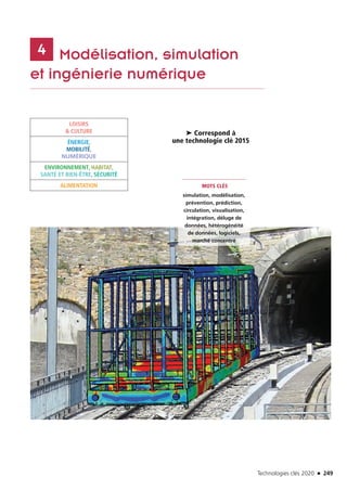 Technologies clés 2020 n 249
	 Modélisation, simulation
et ingénierie numérique
4
MOTS CLÉS
simulation, modélisation,
prévention, prédiction,
circulation, visualisation,
intégration, déluge de
données, hétérogénéité
de données, logiciels,
marché concentré
➤ Correspond à
une technologie clé 2015
LOISIRS
 CULTURE
ÉNERGIE,
MOBILITÉ,
NUMÉRIQUE
ENVIRONNEMENT, HABITAT,
SANTÉ ET BIEN-ÊTRE, SÉCURITÉ
ALIMENTATION
©Cetim
TC2020.indd 249 4/28/16 3:48 PM
 