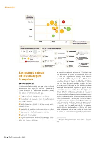 26 n Technologies clés 2020
Alimentation
Les grands enjeux
et les stratégies
françaises
ENVIRONNEMENT
Le secteur de l’alimentation fait face à de nombreux
évolutions et défis impactant à la fois l’amont de la
chaîne au niveau de l’agriculture, et l’aval au niveau
des acteurs agroalimentaires, tels que :
■■ L’augmentation de la population mondiale ;
■■ L’exploitation de ressources finies et une hiérarchie
des usages associée ;
■■ Le développement durable et la réduction du gaspil-
lage alimentaire ;
■■ La volatilité du cours des matières premières agricoles ;
■■ Le changement des habitudes alimentaires ;
■■ La sécurité alimentaire ;
■■ L’hyper-segmentation des marchés cibles par oppo-
sition aux marchés de masse.
La population mondiale actuelle de 7,2 milliards de-
vrait augmenter de près d’un milliard de personnes
au cours des 10 prochaines années, pour atteindre
8,1 milliards en 2025 et 9,6 milliards en 20501. Cette
évolution, récurrente depuis le début du 20e siècle,
crée une forte demande pour les produits agricoles
et alimentaires. Combinée à une sous-alimentation
chronique dans certaines régions du globe, la pro-
duction de ressources locales dans des régions aux
climats difficiles (sécheresse, périodes de mousson)
par des populations largement sous-équipées consti-
tue un véritable défi pour le secteur de l’alimentation
dans son ensemble. D’autre part, une concurrence
pour les ressources agricoles s’installe entre les pro-
duits alimentaires, l’industrie, l’habitat, et finalement
les produits avec des applications à plus forte valeur
ajoutée, tels que les biocarburants. Même si la légis-
lation européenne affiche une volonté de promouvoir
en priorité la valorisation des coproduits des cultures
1 – « Perspectives de la population mondiale : révision de 2012 », Nations-Unis,
2012
TC2020.indd 26 4/28/16 3:47 PM
 