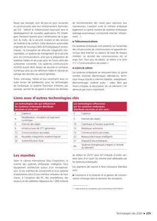 Technologies clés 2020 n 279
Nissan par exemple, sont de plus en plus connectés
et communicants avec leur environnement (technolo-
gie V2I : Vehicle to Infrastructure) favorisant ainsi le
développement de nouvelles applications ITS (Intelli-
gent Transport System) pour l’amélioration de la ges-
tion du trafic, de la sécurité routière et des services
de mobilité et de confort. Cette révolution automobile
engendre de nouveaux défis technologiques et écono-
miques ; la conception de véhicules coopératifs inte-
ropérables, un système de management de la sécurité
pour les communications, ainsi que la préparation de
systèmes fiables et sécurisés pour les futurs véhicules
autonomes connectés. Ces systèmes communicants
V2V/V2I auront donc besoin de sécurité et confiance
numérique ainsi qu’une définition fiable et robuste du
partage des données qui seront générées.
Trains, tramways, métros et bus constituent aussi un
autre terrain de prédilection pour les technologies
de l’embarqué. Le système Traintracer d’Alstom, par
exemple, permet de récupérer à distance les données
de fonctionnement des rames pour optimiser leur
maintenance. L’aviation civile et militaire embarque
également un grand nombre de systèmes embarqués
(pilotage automatique, connectivité internet, infotain-
ment…).
■■ Télécommunications
Les systèmes embarqués sont présents sur l’ensemble
des infrastructures de communication et appareils ter-
minaux (box Internet ou stations de base de réseaux
mobiles). La sécurité des communications est un
enjeu fort. Pour plus de détails, se référer à la fiche
n°7 « Communications sécurisées ».
■■ Loisirs  culture
Les systèmes embarqués se retrouvent dans un grand
nombre d’articles électroniques (décodeurs), termi-
naux finaux d’accès à internet (tablette, smartphone),
électroménager, matériel audio – vidéo. Bien que
moins critiques, la sécurisation de ces éléments n’en
demeure pas moins importante.
Les marchés
Selon le cabinet International Data Corporation, le
marché des systèmes embarqués intelligents (tout
équipement architecturé autour d’un microproces-
seur, d’une interface de connectivité et d’un système
d’exploitation et/ou d’une interface utilisateur de haut
niveau, à l’exception des PC, des smartphones, des
serveurs et des tablettes) dépassera les 1 000 milliards
de dollars en 20191 pour 8,5 milliards d’unités ven-
dues (plus d’un quart du volume total adressable par
les systèmes embarqués).
Les segments de marché à forte croissance attendue
sont :
■■ l’assistance à la conduite et la gestion de consom-
mation d’énergie dans le domaine des transports,
1 – https://www.idc.com/getdoc.jsp?containerId=prUS25204914
Liens avec d’autres technologies clés
Les technologies clés qui influencent
les Systèmes embarqués distribués
sécurisés et sûrs sont :
Les technologies influencées
par les systèmes embarqués
distribués sécurisés et sûrs sont :
2 Capteurs 2 Capteurs
4
Modélisation, simulation et ingénierie
numérique
5 Internet des objets
5 Internet des objets 10 Cobotique et humain augmenté
6 Infrastructures de 5ème génération 12 Robotique autonome
13 Communications sécurisées 13 Communications sécurisées
20 Nouvelles intégrations matériel-logiciel 22 Réseaux électriques intelligents
34 Authentification forte 31 Dispositifs bio-embarqués
40
Systèmes énergétiques intégrés à l’échelle
du bâtiment
TC2020.indd 279 4/28/16 3:48 PM
 