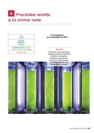 Technologies clés 2020 n 285
	 Procédés relatifs
à la chimie verte
8
MOTS CLÉS
Chimie verte, chimie du végétal,
recyclage, procédés de fabrication
économes, fermentation,
biocatalyse, agromatériaux,
biosolvants, biotechnologies
industrielles, biocarburants,
bioplastiques, biosourcé.
➤ Correspond à
une technologie clé 2015
Loisirs
 culture
ÉNERGIE,
MOBILITÉ,
Numérique
ENVIRONNEMENT, HABITAT,
SANTÉ ET BIEN-ÊTRE, Sécurité
ALIMENTATION
©Fotolia
TC2020.indd 285 4/28/16 3:48 PM
 