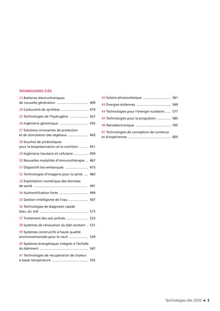 Technologies clés 2020 n 3
TECHNOLOGIES CLÉS
23 Batteries électrochimiques
de nouvelle génération ................................... 409
24 Carburants de synthèse ............................... 419
25 Technologies de l’hydrogène ..................... 427
26 Ingénierie génomique ................................ 435
27 Solutions innovantes de protection
et de stimulation des végétaux ....................... 443
28 Souches de probiotiques
pour la biopréservation et la nutrition ........... 451
29 Ingénierie tissulaire et cellulaire................. 459
30 Nouvelles modalités d’immunothérapie .... 467
31 Dispositifs bio-embarqués .......................... 475
32 Technologies d’imagerie pour la santé ...... 483
33 Exploitation numérique des données
de santé ........................................................... 491
34 Authentification forte ................................ 499
35 Gestion intelligente de l’eau ...................... 507
36 Technologies de diagnostic rapide
(eau, air, sol) ........................................................ 515
37 Traitement des sols pollués ......................... 523
38 Systèmes de rénovation du bâti existant ... 531
39 Systèmes constructifs à haute qualité
environnementale pour le neuf ...................... 539
40 Systèmes énergétiques intégrés à l’échelle
du bâtiment ...................................................... 547
41 Technologies de récupération de chaleur
à basse température ........................................ 555
42 Solaire photovoltaïque ............................... 561
43 Énergies éoliennes ...................................... 569
44 Technologies pour l’énergie nucléaire ....... 577
45 Technologies pour la propulsion ................ 585
46 Nanoélectronique ....................................... 595
47 Technologies de conception de contenus
et d’expériences ............................................... 605
TC2020.indd 3 4/28/16 3:46 PM
 