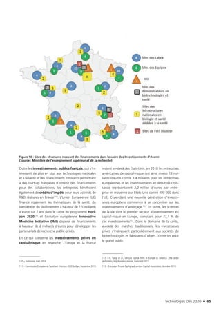 Technologies clés 2020 n 65
Figure 10 : Sites des structures recevant des financements dans le cadre des Investissements d’Avenir
(Source : Ministère de l’enseignement supérieur et de la recherche)
Outre les investissements publics français, qui s’in-
téressent de plus en plus aux technologies médicales
et à la santé et des financements innovants permettant
à des start-up françaises d’obtenir des financements
pour des collaborations, les entreprises bénéficient
également de crédits d’impôts pour leurs activités de
R&D réalisées en France110. L’Union Européenne (UE)
finance également les thématiques de la santé, du
bien-être et du vieillissement à hauteur de 7,5 milliards
d’euros sur 7 ans dans le cadre du programme Hori-
zon 2020111 et l’initiative européenne Innovative
Medicine Initiative (IMI) dispose de financements
à hauteur de 2 milliards d’euros pour développer les
partenariats de recherche public-privés.
En ce qui concerne les investissements privés en
capital-risque en revanche, l’Europe et la France
110 – Sofinnova, mars 2014
111 – Commission Européenne, factsheet : Horizon 2020 budget, Novembre 2013
restent en-deçà des États-Unis: en 2010 les entreprises
américaines de capital-risque ont ainsi investi 15 mil-
liards d’euros contre 3,4 milliards pour les entreprises
européennes et les investissements en début de crois-
sance représentaient 2,2 million d’euros par entre-
prise en moyenne aux États-Unis contre 400 000 dans
l’UE. Cependant une nouvelle génération d’investis-
seurs européens commence à se concentrer sur les
investissements d’amorçage.112 En outre, les sciences
de la vie sont le premier secteur d’investissement en
capital-risque en Europe, comptant pour 37,1 % de
ces investissements113. Dans le domaine de la santé,
au-delà des marchés traditionnels, les investisseurs
privés s’intéressent particulièrement aux sociétés de
biotechnologies et fabricants d’objets connectés pour
le grand public.
112 – H. Tyabji et al., venture capital firms in Europe vs. America : the under
performers, Ivey Business Journal, mars/avril 2011
113 – European Private Equity and venture Capital Association, données 2013.
TC2020.indd 65 4/28/16 3:47 PM
 