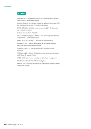 88 n Technologies clés 2020
Sécurité
SOURCES
Alliance pour la Confiance Numérique, 2013, Observatoire de la filière
de la confiance numérique en France
Direction Générale de la Sécurité Civile et de la Gestion des Crises, 2012,
Les statistiques des services d’incendie et de secours
DGPR, 2011, Bilan détaillé des actions nationales 2011 de l’Inspection
des Installations classées
En toute sécurité, 2014, Atlas 2014
Haut Comité Français pour la défense Civile, 2011, Risques et menaces
exceptionnels – Quelle préparation ?
INERIS, 2011, Les « NaTech » à la croisée des risques majeurs
MSI Reports, 2013, Marché des systèmes de sécurité électroniques
dans le secteur non résidentiel en France
MSI Reports, 2014, Le marché du contrôle d’accès électronique
en France
MSI Reports, 2014, Marché des équipements de protection individuelle
de la tête et du corps en France
OCDE, 2013, Report of the workshop on NaTech risk management
Pôle Risques, 2013, Feuille de Route stratégique
PIPAME, 2015, Analyse du marché et des acteurs de la filière industrielle
française de sécurité
TC2020.indd 88 4/28/16 3:47 PM
 