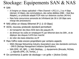 Stockage: Equipements SAN & NAS SAN A l’origine un réseau spécialisé « Fibre Channel » (FC) à 1, 2 ou 4 Gbps (demain 10 Gbps), des commutateurs, des cartes dédiées (HBA – Host Bus Adapter), un protocole adapté FCIP mais sur distances courtes (40 Km) Mais forte concurrence annoncée de Infiniband (de 30 à 120 Gbps sans charge des processeurs) NAS utilise un réseau Ethernet IP (1 à 10 Gbps) iSCSI, nouveau protocole standard permettant  de transporter des blocs SCSI dans des paquets IP, de diminuer les coûts en remplaçant FC par Ethernet dans les SAN , et de déployer des disques S-ATA bon marché de relier des baies distantes via IP Mais l’offre reste encore propriétaire par certains aspects SNIA (Storage Networking Industry Association) pour des standards communs - SMI-S (Storage Management Initiative Specification) SAN (EMC, HP, IBM,…), NAS (NettApp, ..), équipements (Brocade, McData, ..), logiciels (EMC, CA, Veritas,..) On commence à parler de stockage « en grille » (Active Circle) 