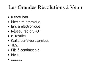 Les Grandes Révolutions à Venir Nanotubes Mémoire atomique Encre électronique Réseau radio SPOT E-Textiles Carte perforée atomique TBSI Pile à combustible Mems ……… .. 