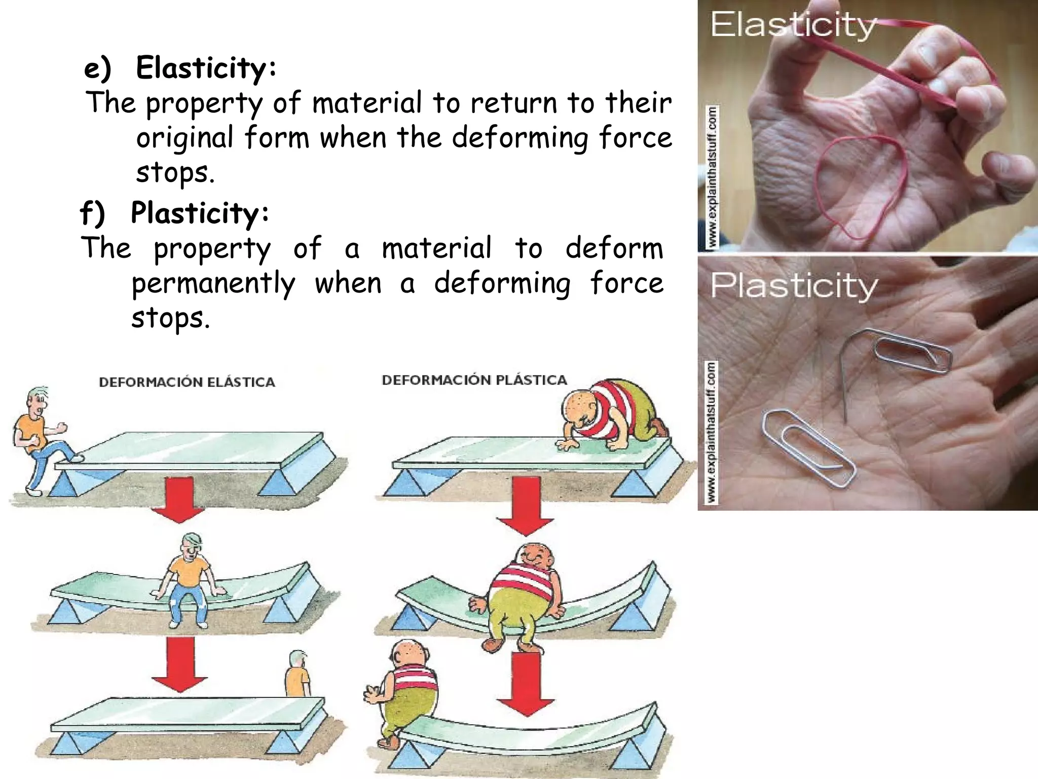 e) Elasticity:
The property of material to return to their
   original form when the deforming force
   stops.
f) Plasticity:
The property of a material to deform
   permanently when a deforming force
   stops.
 