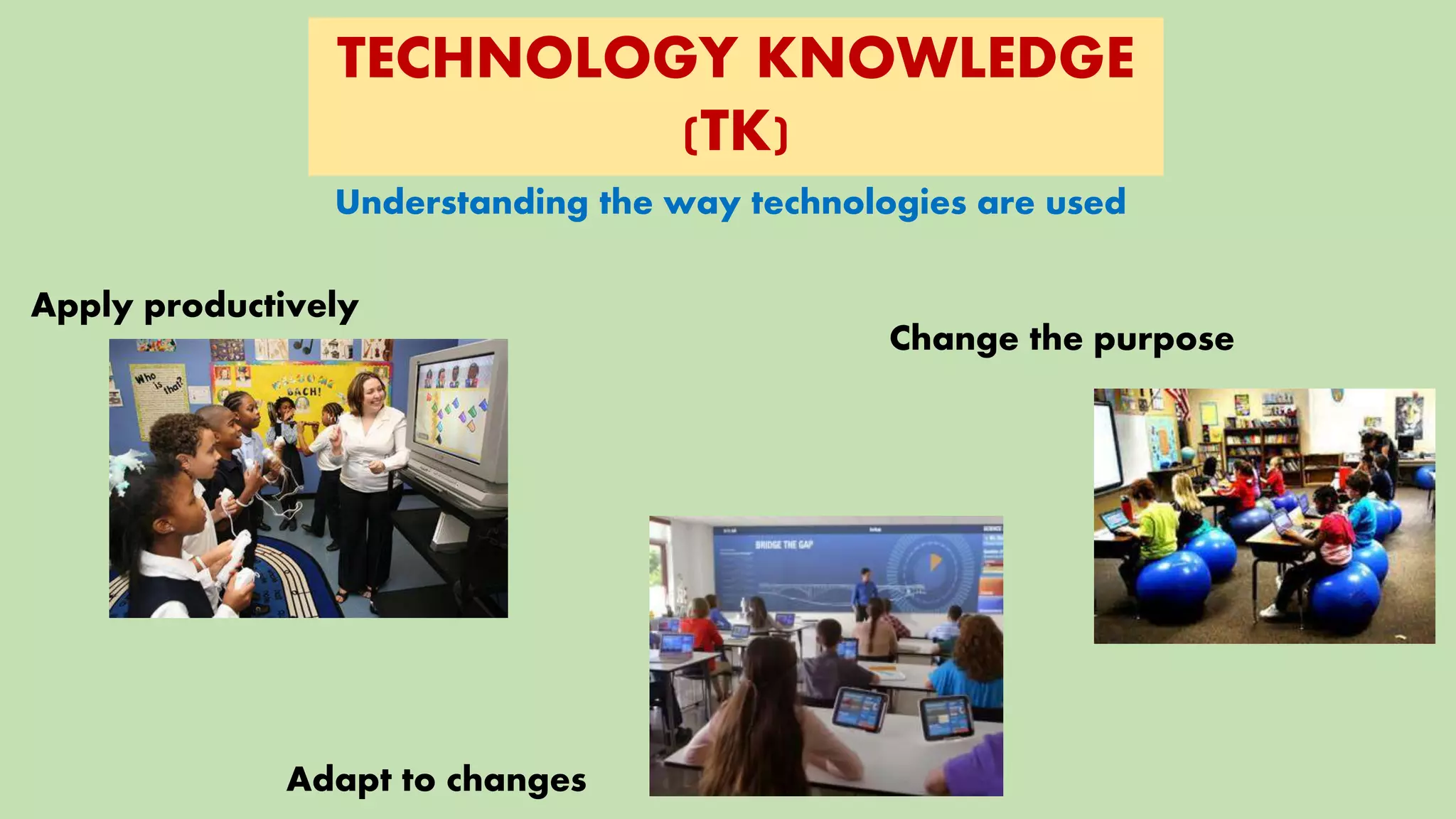 TECHNOLOGY KNOWLEDGE
(TK)
Understanding the way technologies are used
Apply productively
Adapt to changes
Change the purpose
 