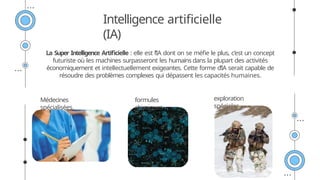 La Super Intelligence Artificielle : elle est l’IA dont on se méfie le plus, c’est un concept
futuriste où les machines surpasseront les humains dans la plupart des activités
économiquement et intellectuellement exigeantes. Cette forme d’IA serait capable de
résoudre des problèmes complexes qui dépassent les capacités humaines.
Intelligence artificielle
(IA)
Médecines
spécialisées.
formules
chimiques
exploration
spéciales
 
