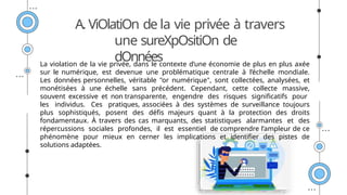A. ViOlatiOn de la vie privée à travers
une sureXpOsitiOn de
dOnnées
La violation de la vie privée, dans le contexte d’une économie de plus en plus axée
sur le numérique, est devenue une problématique centrale à l’échelle mondiale.
Les données personnelles, véritable "or numérique", sont collectées, analysées, et
monétisées à une échelle sans précédent. Cependant, cette collecte massive,
souvent excessive et non transparente, engendre des risques significatifs pour
les individus. Ces pratiques, associées à des systèmes de surveillance toujours
plus sophistiqués, posent des défis majeurs quant à la protection des droits
fondamentaux. À travers des cas marquants, des statistiques alarmantes et des
répercussions sociales profondes, il est essentiel de comprendre l’ampleur de ce
phénomène pour mieux en cerner les implications et identifier des pistes de
solutions adaptées.
 