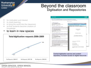 Beyond the classroom Digitisation and Repositories for motivation and interest to check learning to bring the world into the classroom so that students become creators of knowledge to learn in new spaces Central digitisation service and content repository increase access to digital resources 